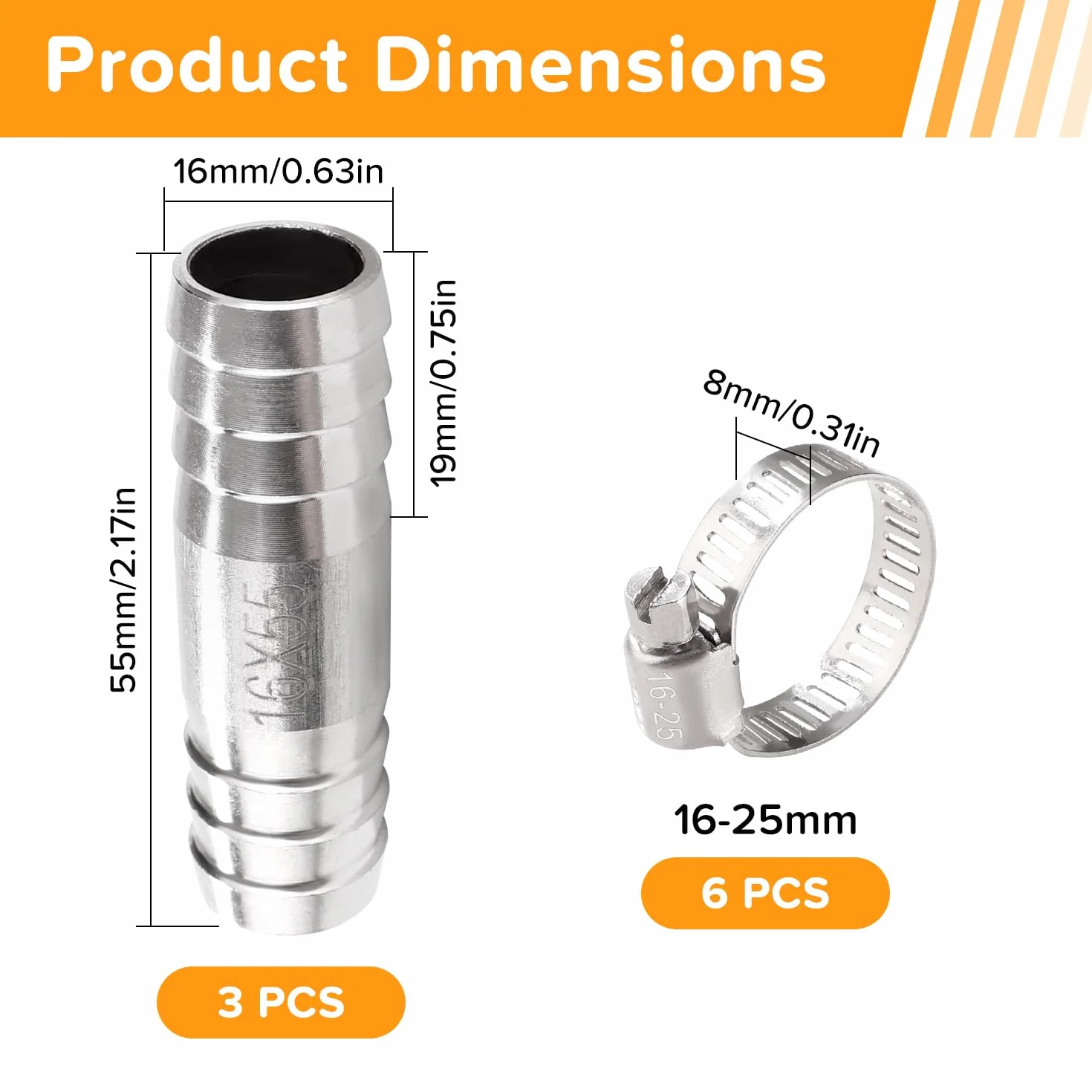3 Sztuk 16mm Złączka do Węża ze Stali Nierdzewnej, Końcówka Węża Prostego ze Stali Nierdzewnej, z 6 Sztuk Zaciskami, do Powietrza, Gazu, Wody