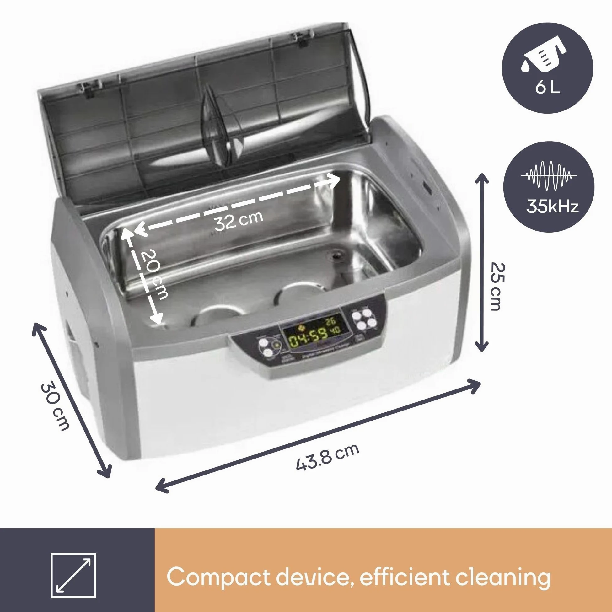 Perel Myjka ultradźwiękowa 6 L, ultrasonic cleaner 35 kHz, do biżuterii okularów zegarków protez monet kluczy, stal nierdzewna, timer cyfrowy i regulacja temperatury, zawór spustowy, biała