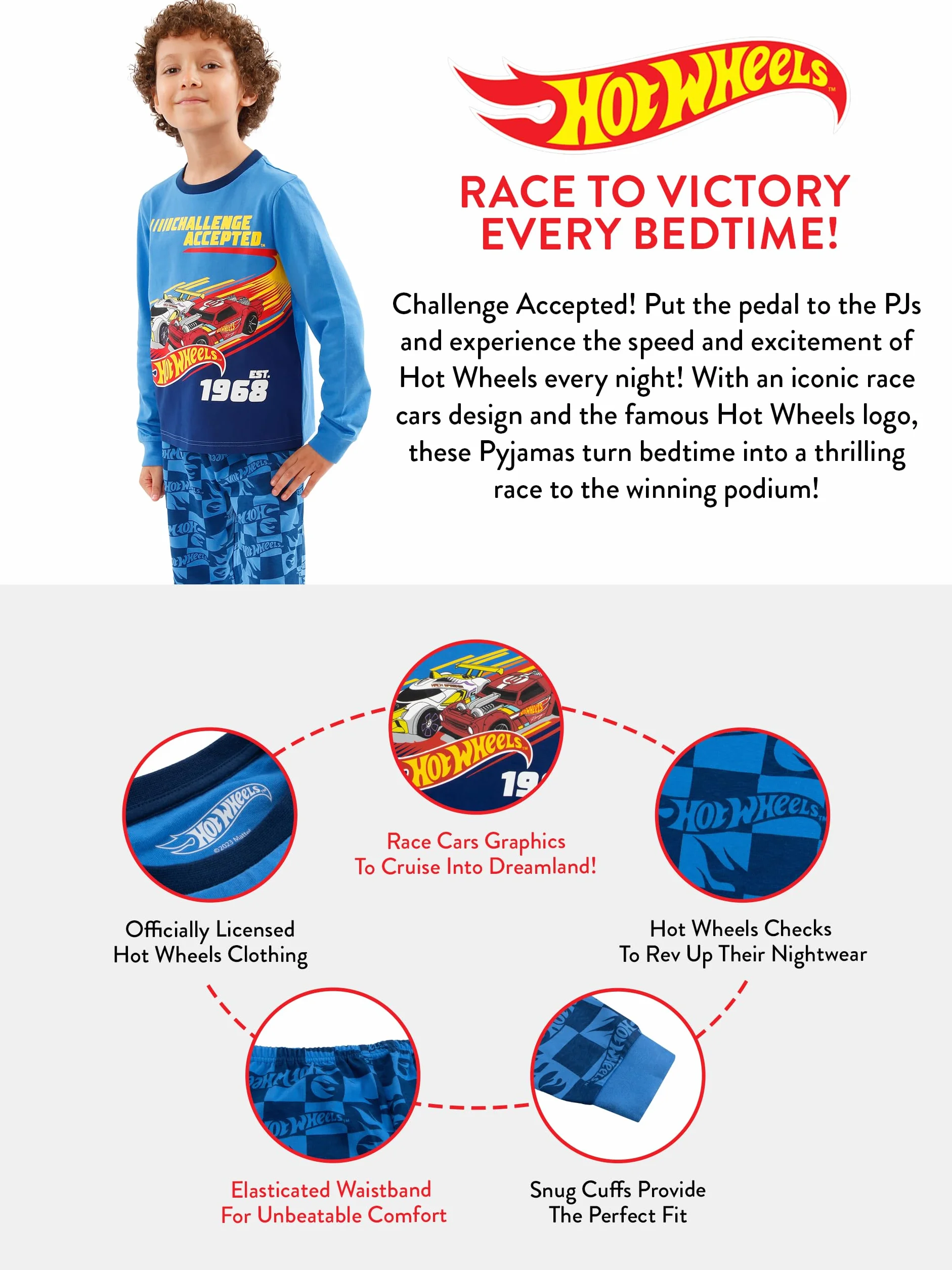 Piżama Hot Wheels | Chłopięca Piżama Z Samochodami Wyścigowymi | Piżama Chłopięca Z Długim Rękawem