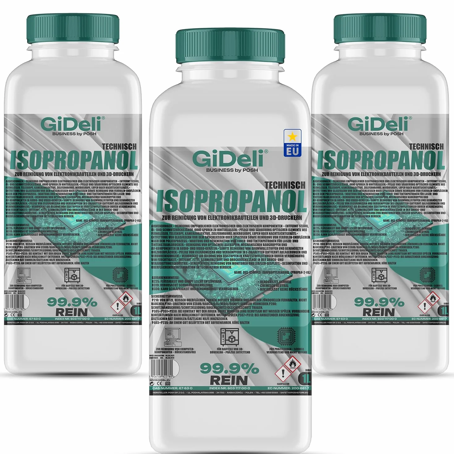 GiDeli Isopropanol techniczny 3 x 1 l – alkohol izopropylowy 99,9% – czyszczenie elementów elektronicznych i akcesoriów do drukarek 3D