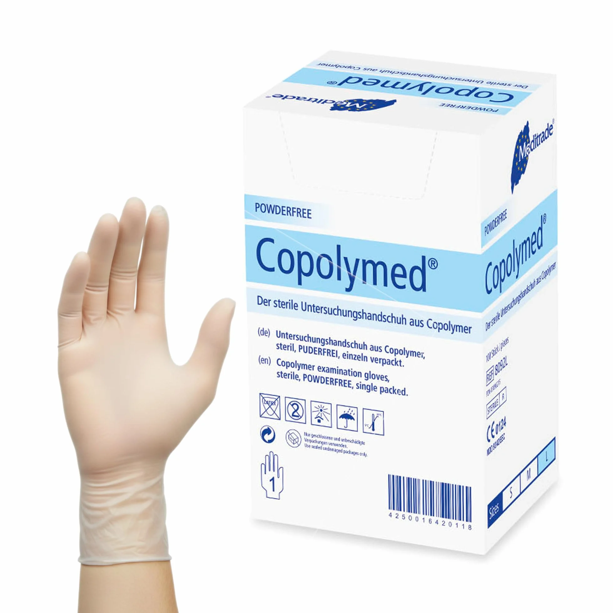Meditrade 8092L Copolyme sterylna rękawica do badań sterylna, wolna od pudru, rozmiar duża (opakowanie 100)