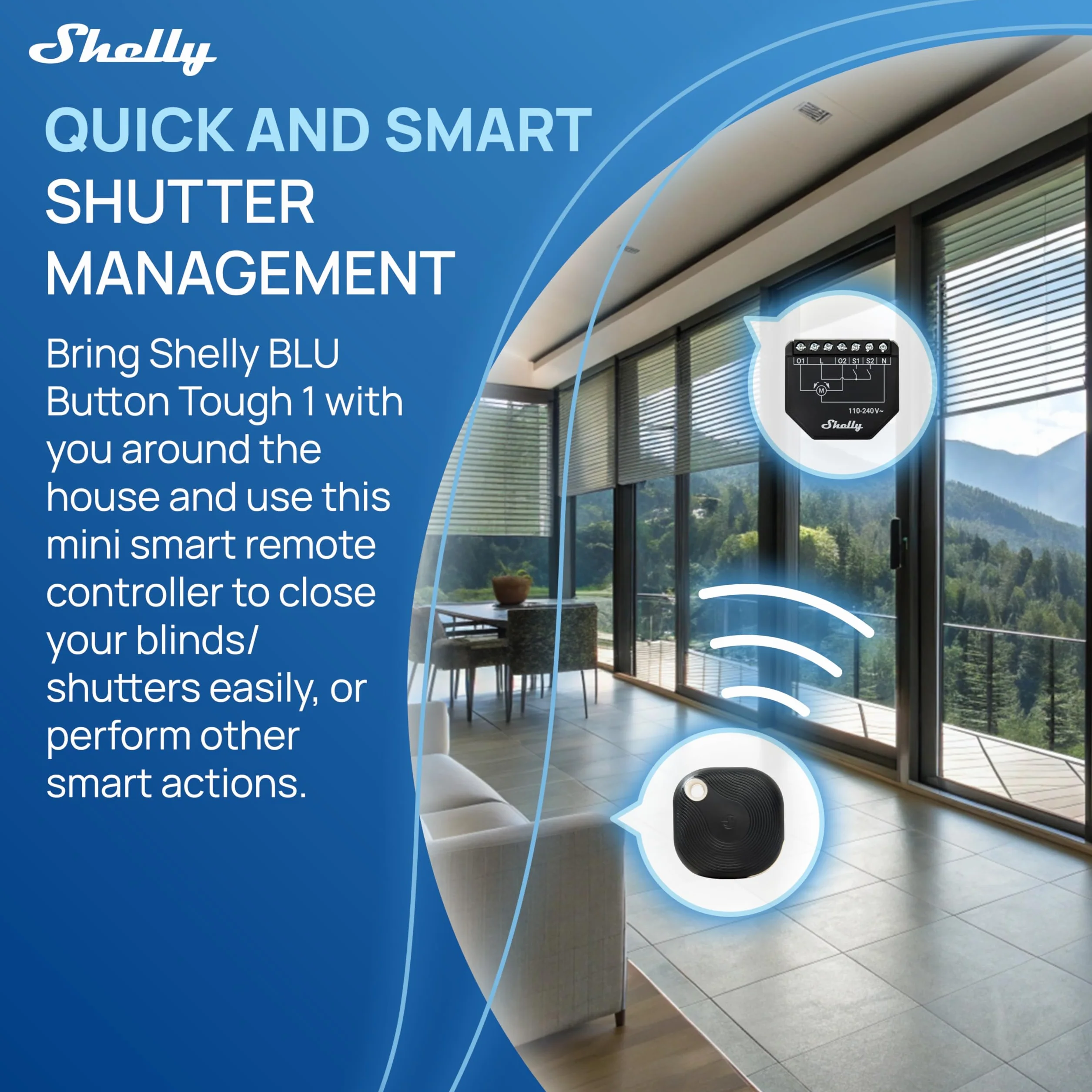 Shelly Shutter i Shelly BLU Button Tough 1 – Moduł łącznika do rolet z pilotem, 110–240 V, 4A, Pomiar zużycia energii, Harmonogramy, Kompatybilny z Alexa, Google Home, SmartThings
