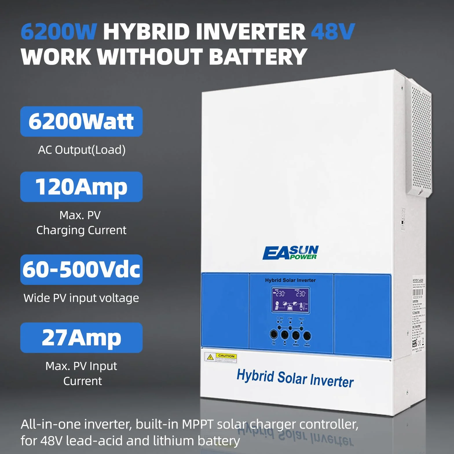 POWLAND 6200W Hybrydowy inwerter 48V, inwerter off-grid z czystą falą sinusoidalną, DC 48V do AC 230V, maksymalne PV 60-500VDC, do akumulatorów ołowiowych i litowych 48V, z modułem WiFi