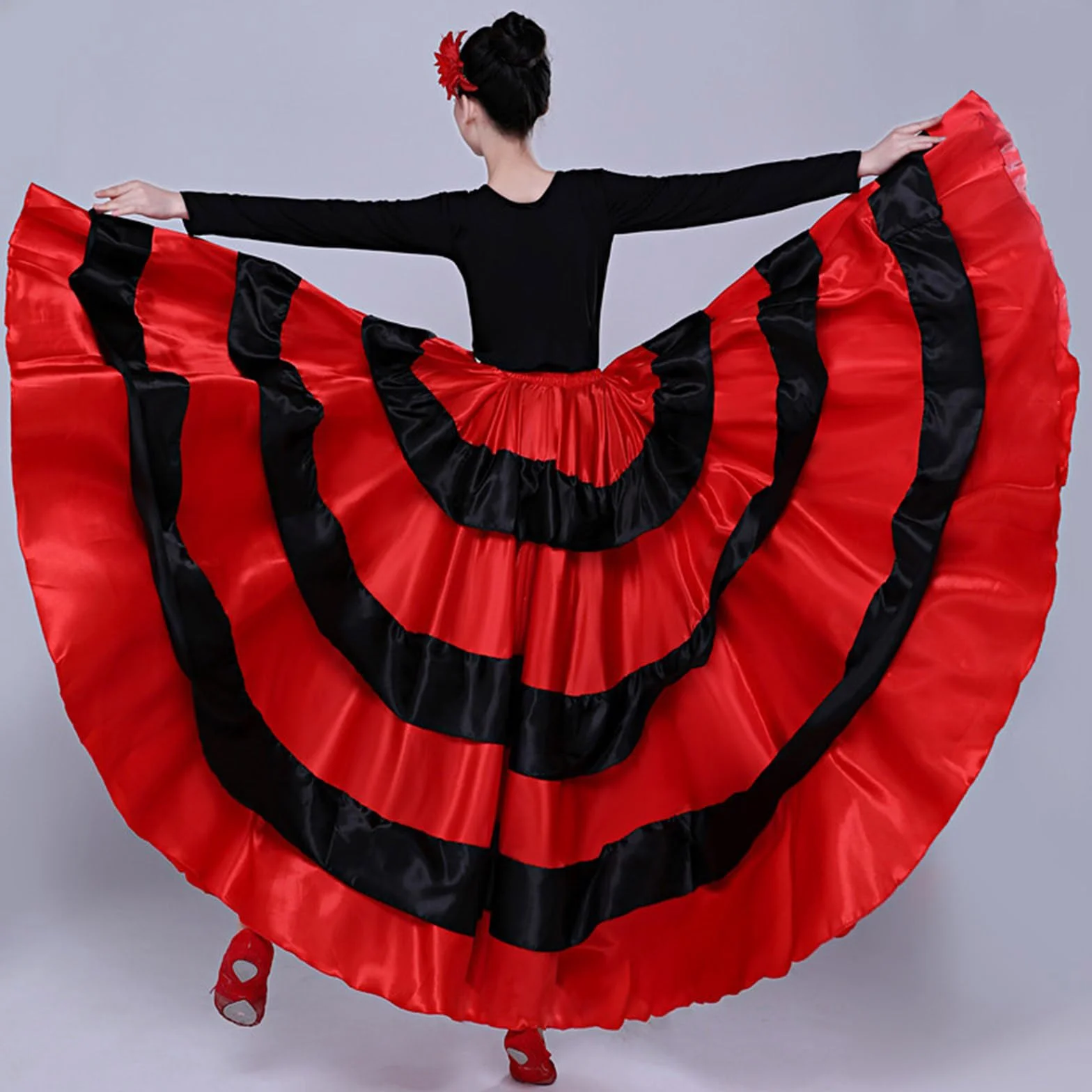 Damska czarna czerwona warstwowa długa spódnica do hiszpańskiego flamenco Meksyk Balet Folklorico spódnica do tańca brzucha długa spódnica flamenco hiszpański taniec duża huśtawka kostium na Halloween