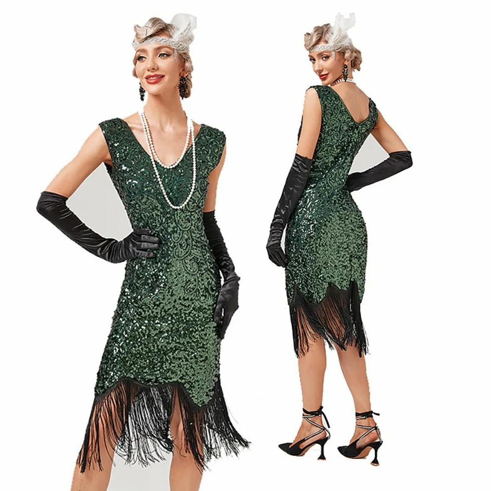 Sukienka Flapper dla kobiet z lat 20. XX wieku, cekiny, frędzle, kostium Gatsby, sukienka kostiumowa