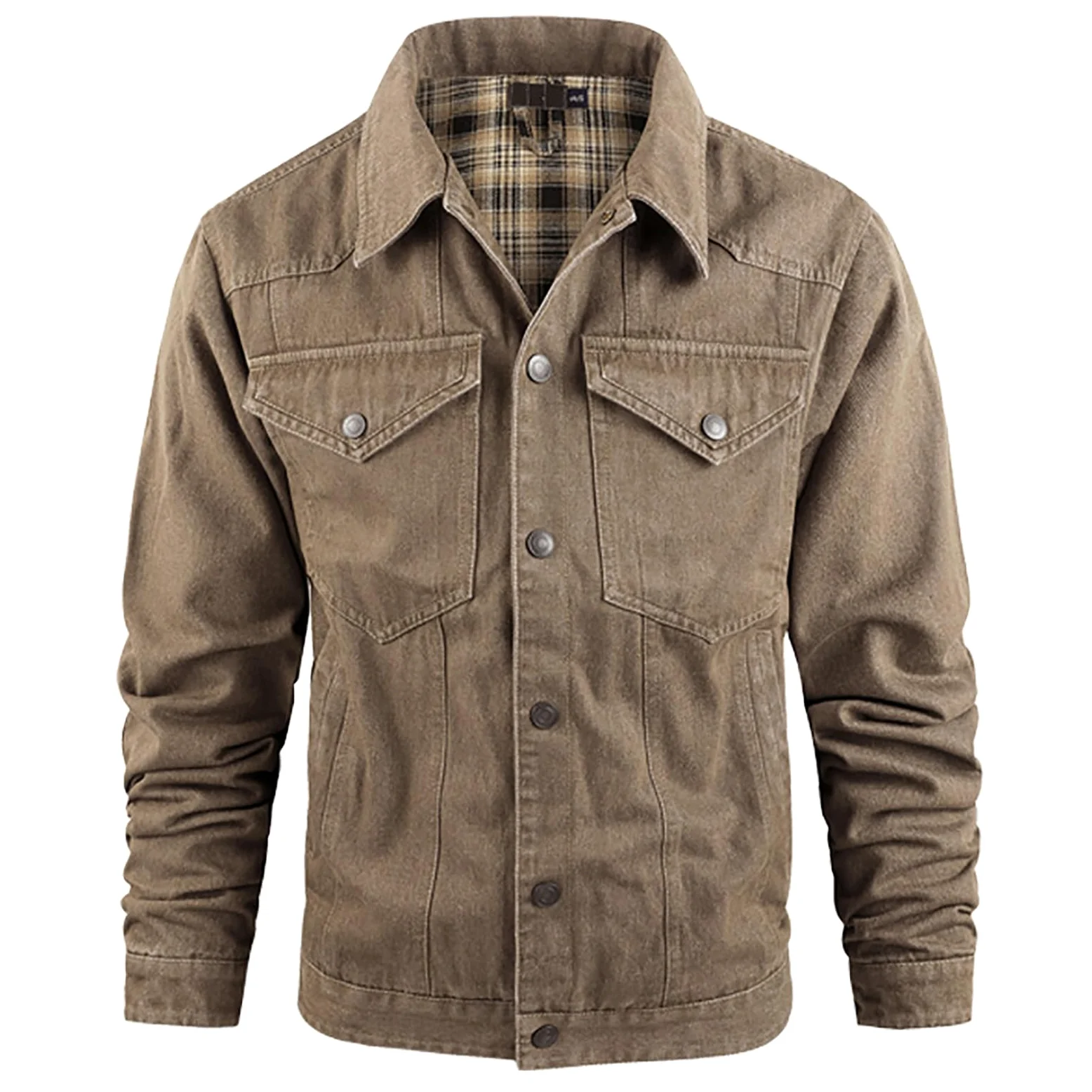Męska Kurtka Dżinsowa w Kratę z Podszewką Snap Cowboy-Cut Western Classic Slim Fit Vintage Jacket Trucker Coat Brązowa Kurtka Dżinsowa Męska Kurtka z Odkrytymi Klapami z Przodu