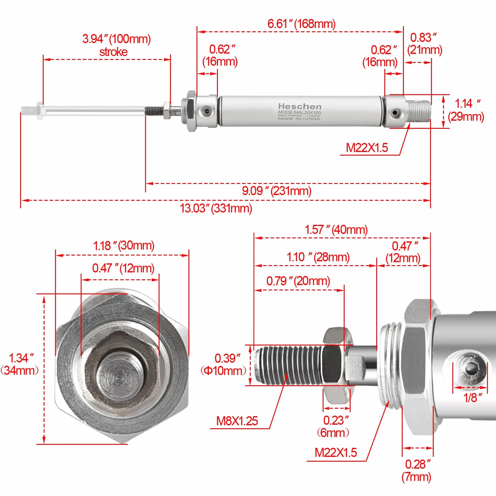 Heschen Smukły pneumatyczny cylinder pneumatyczny, MAL 20-100, otwór 20 mm, skok 100 mm, dwustronny, port PT1/8 cala, metal, 145 PSI