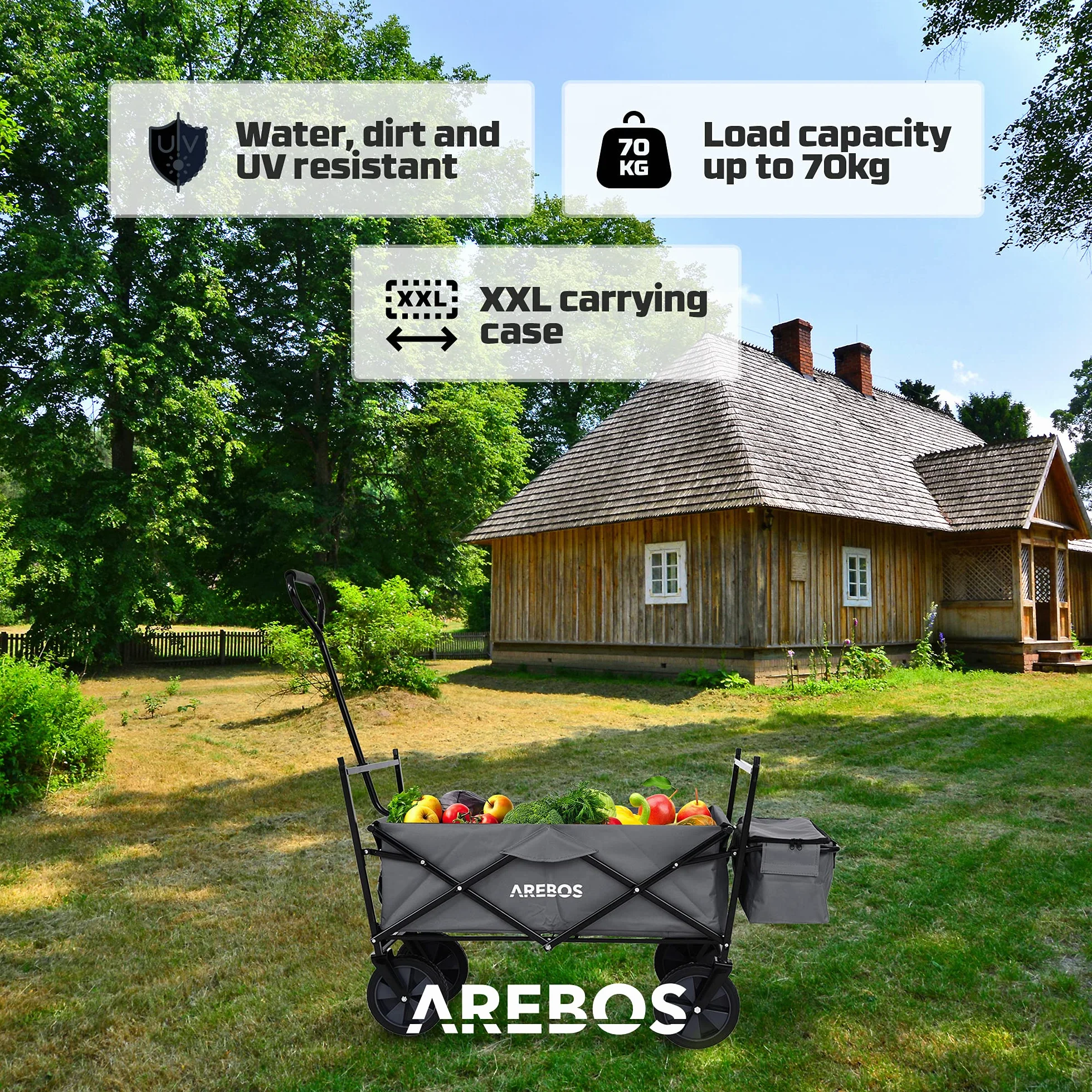 Arebos Wózek ręczny | Wózek transportowy | Wózek składany | Wózek narzędziowy z 2 kieszeniami siatkowymi i jedną kieszenią zewnętrzną | Składany | do 70 kg udźwigu | Opony z pełnej gumy 360°
