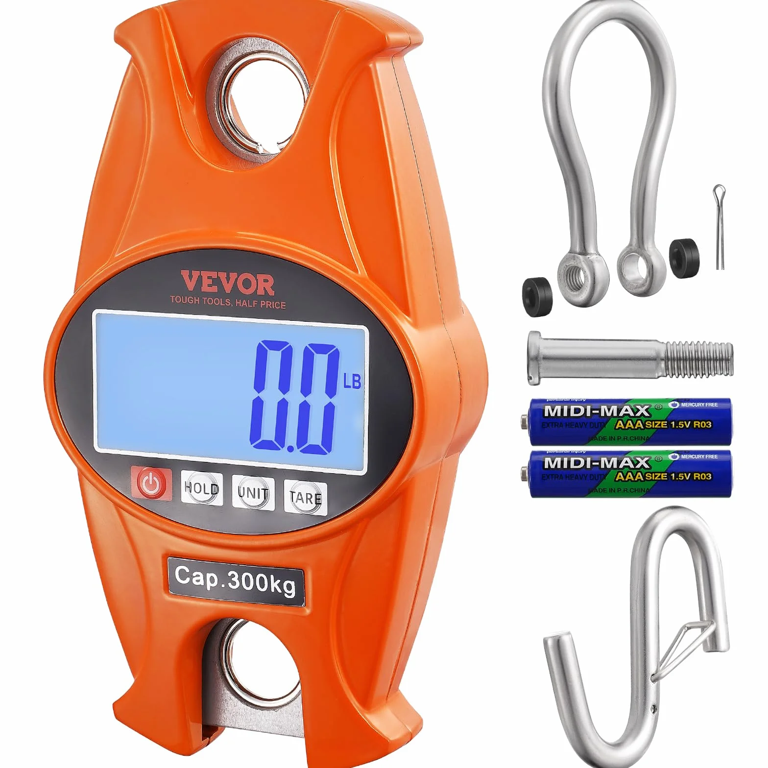 VEVOR Waga dźwigowa 0,15 do 300 kg, cyfrowa waga wisząca, lbs/kg/N, dokładność 0,05 kg, waga przemysłowa, wyświetlacz LCD, wisząca mini waga przenośna z hakiem