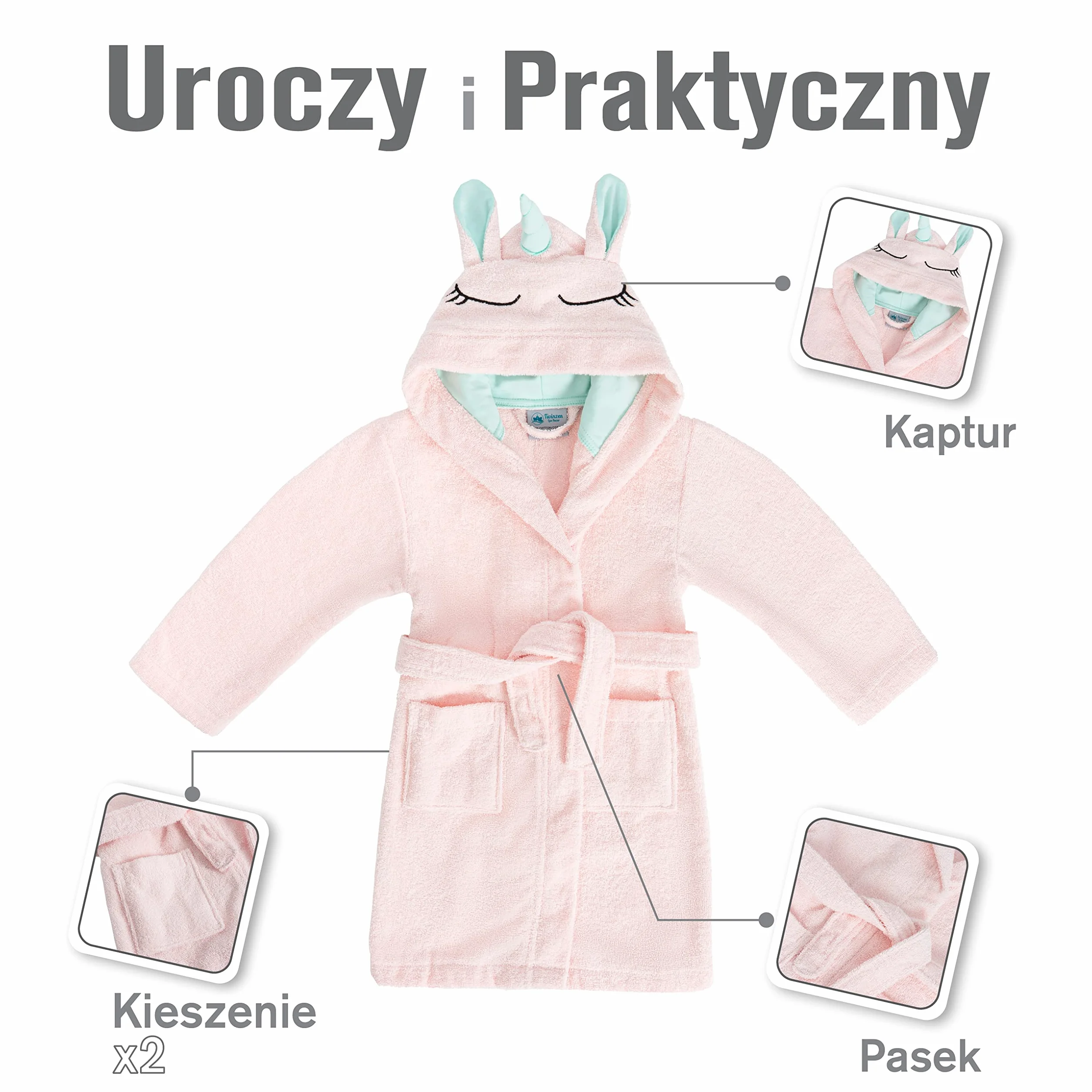 Twinzen Dziecięcy szlafrok kąpielowy z jednorożcem, dla chłopców i dziewczynek, 100% bawełna Öko-Tex®