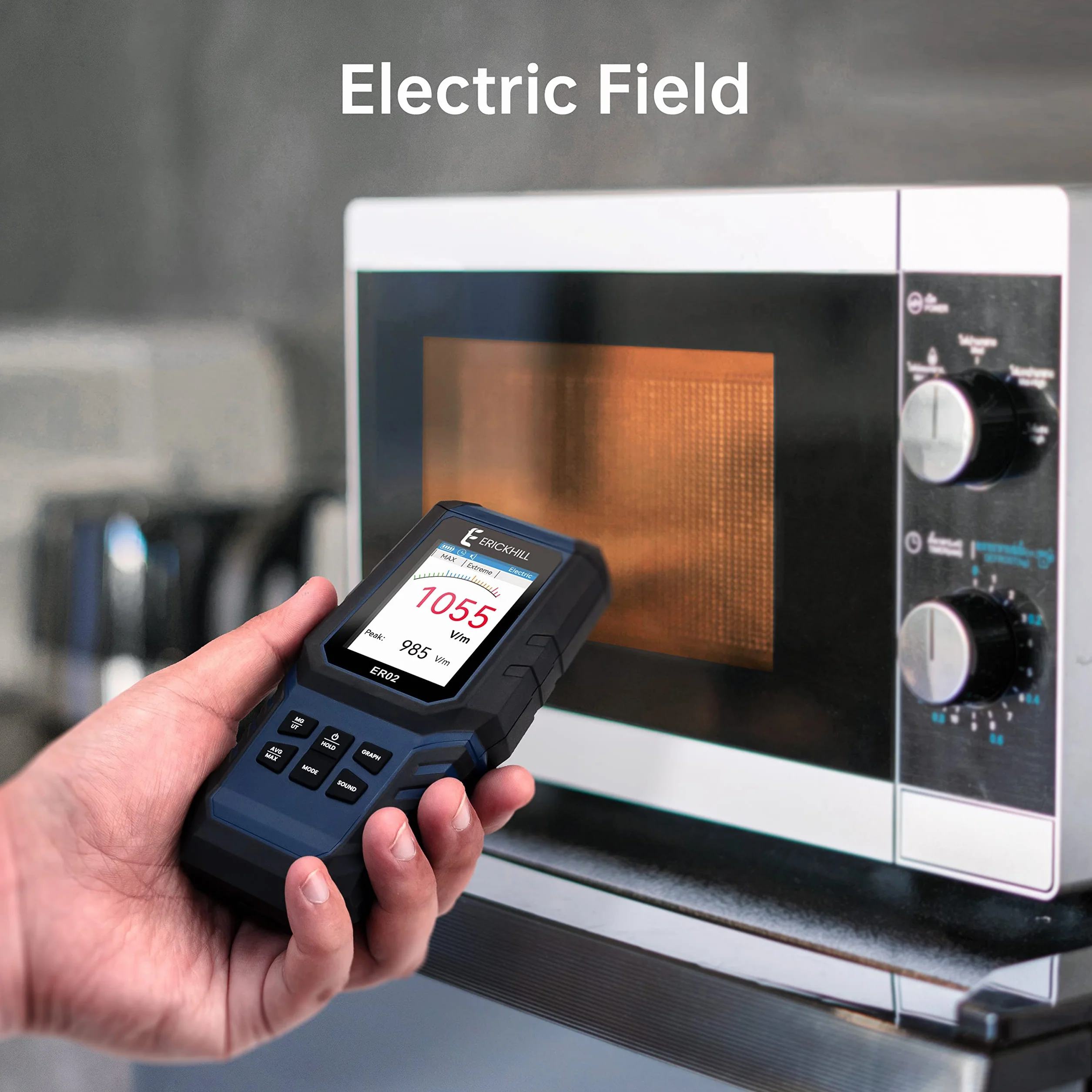 ERICKHILL Miernik EMF ER-02, kontrola EF/MF/RF, do ponownego ładowania, cyfrowy wyświetlacz LCD, do domu, biura, na zewnątrz
