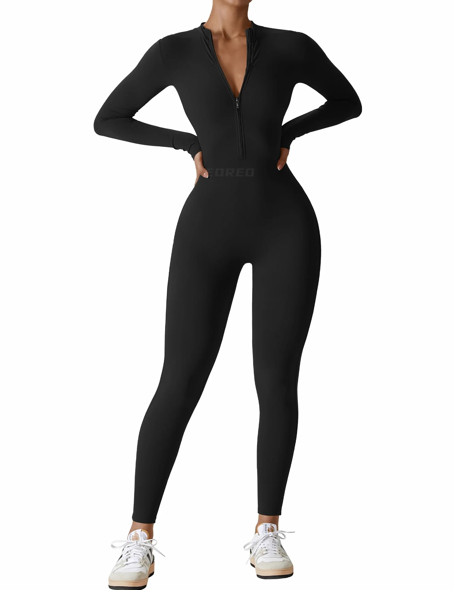 YEOREO Damski kombinezon treningowy z długim rękawem zapinany na zamek kombinezon dół spodnie body bodycon seksowny jednoczęściowy