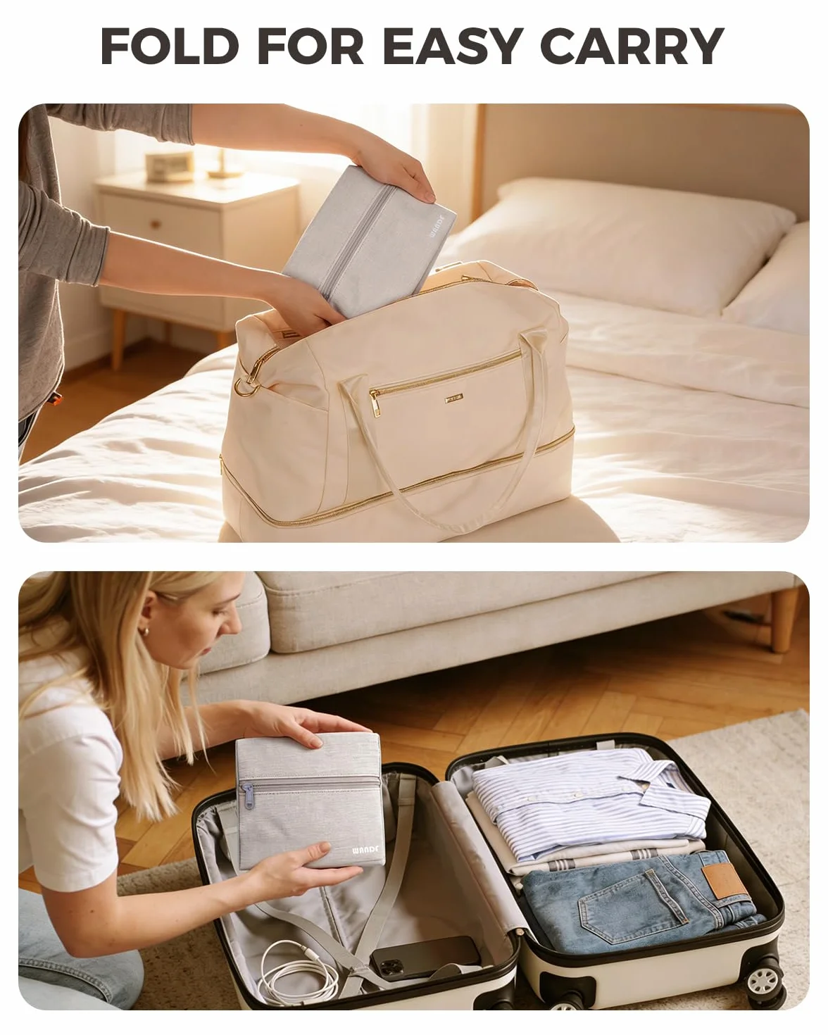 WANDF Bagaż Podręczny do Samolotu Składany Ryanair 40x20x25cm Torba Sportowa, Szpitalna, Weekendowa (Denim Beżowy 20l z Paskiem na Ramię)