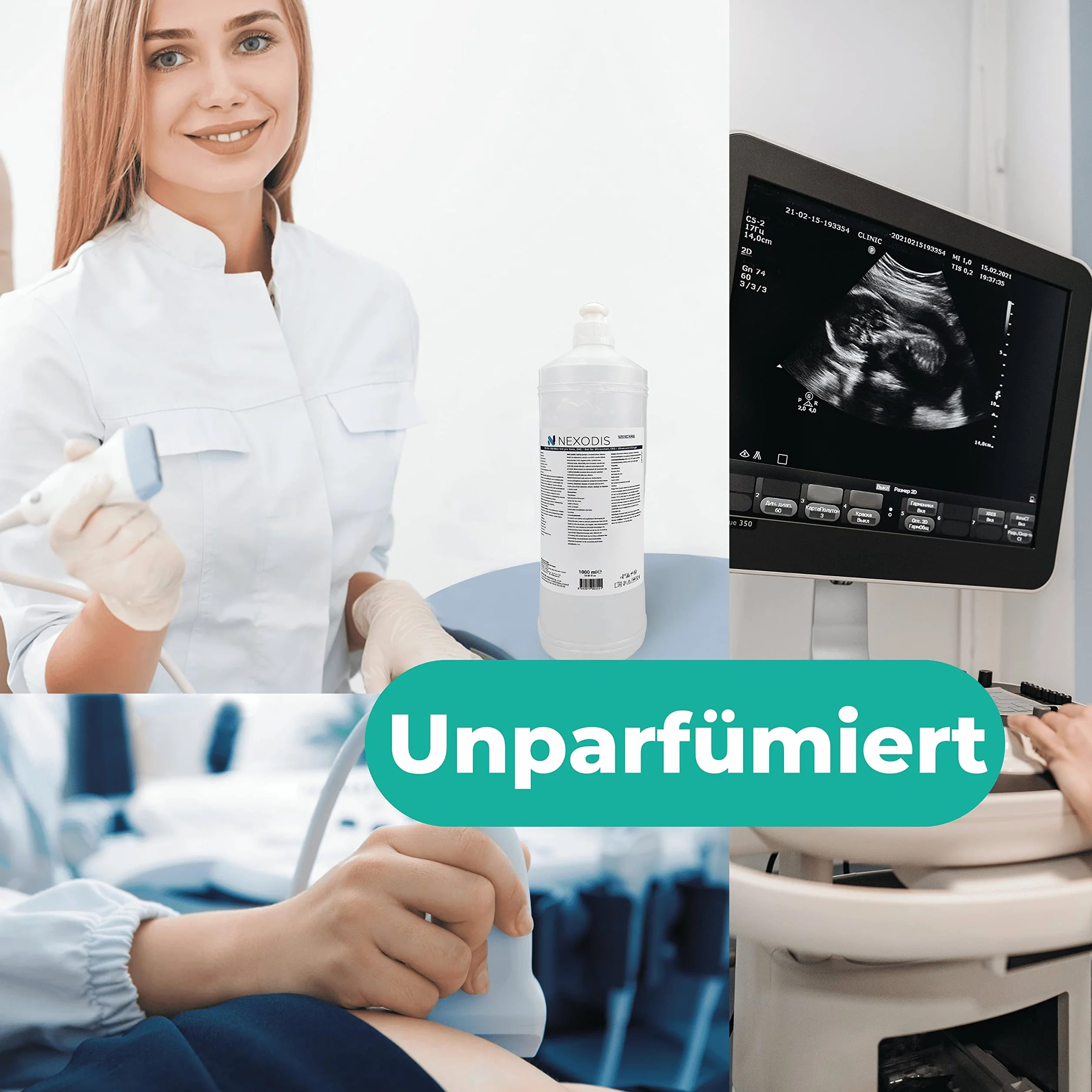 żel do ultradźwięków hipoalergiczny przezroczysty na bazie wody do diagnostyki ultrasonograficznej i dopplerowskiej wysoka gęstość i lepkość nieplamiąca butelka z dozownikiem końcówek 1000 ml