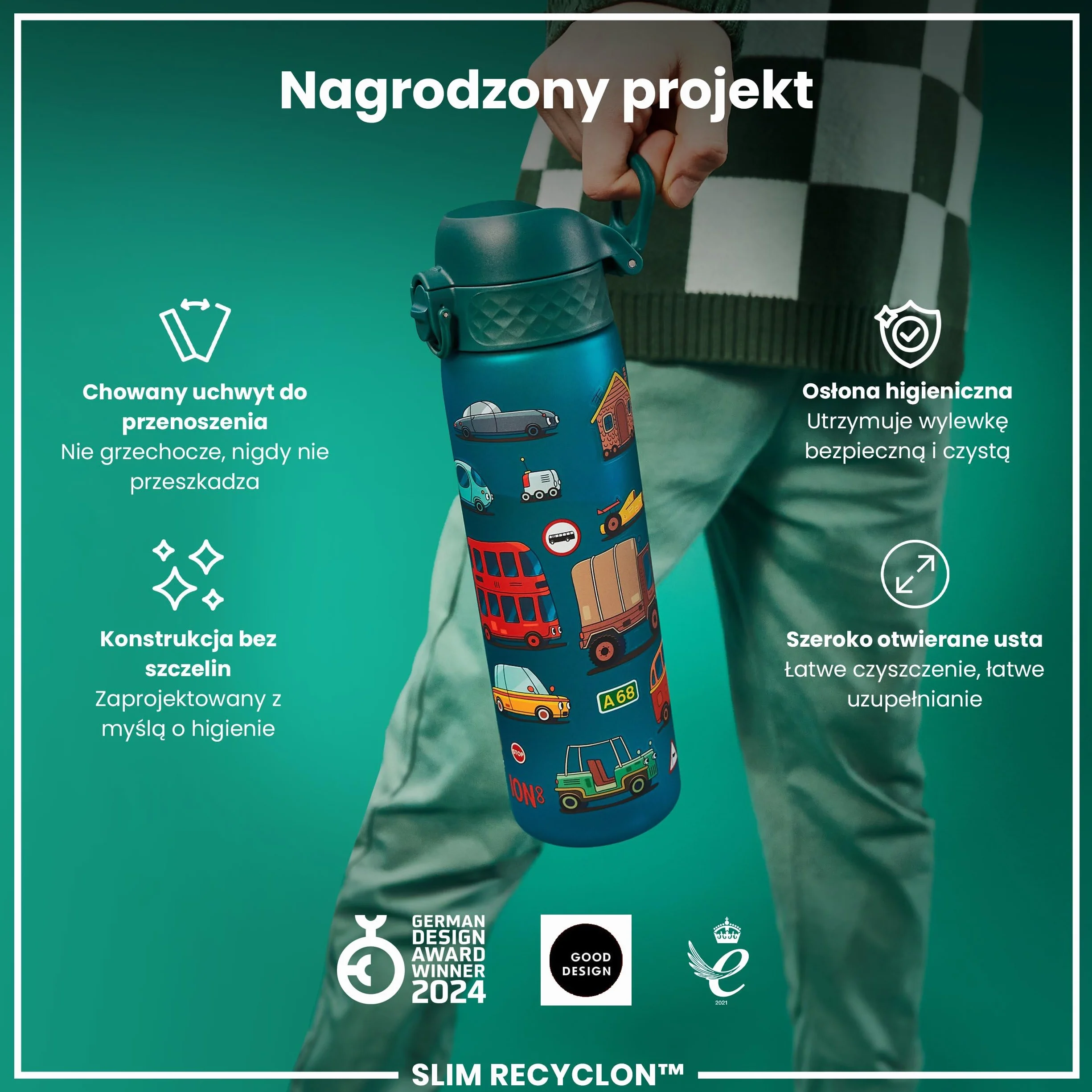 ION8 Butelka na Wodę, 500 ml/18 oz, Szczelna, Łatwe Otwieranie, Bezpieczny Zamek, Można Myć w Zmywarce, Bez BPA, Higieniczne Pokrycie, Uchwyt do Przenoszenia, Łatwa Czyszczenie, Bezwonny, Samochody