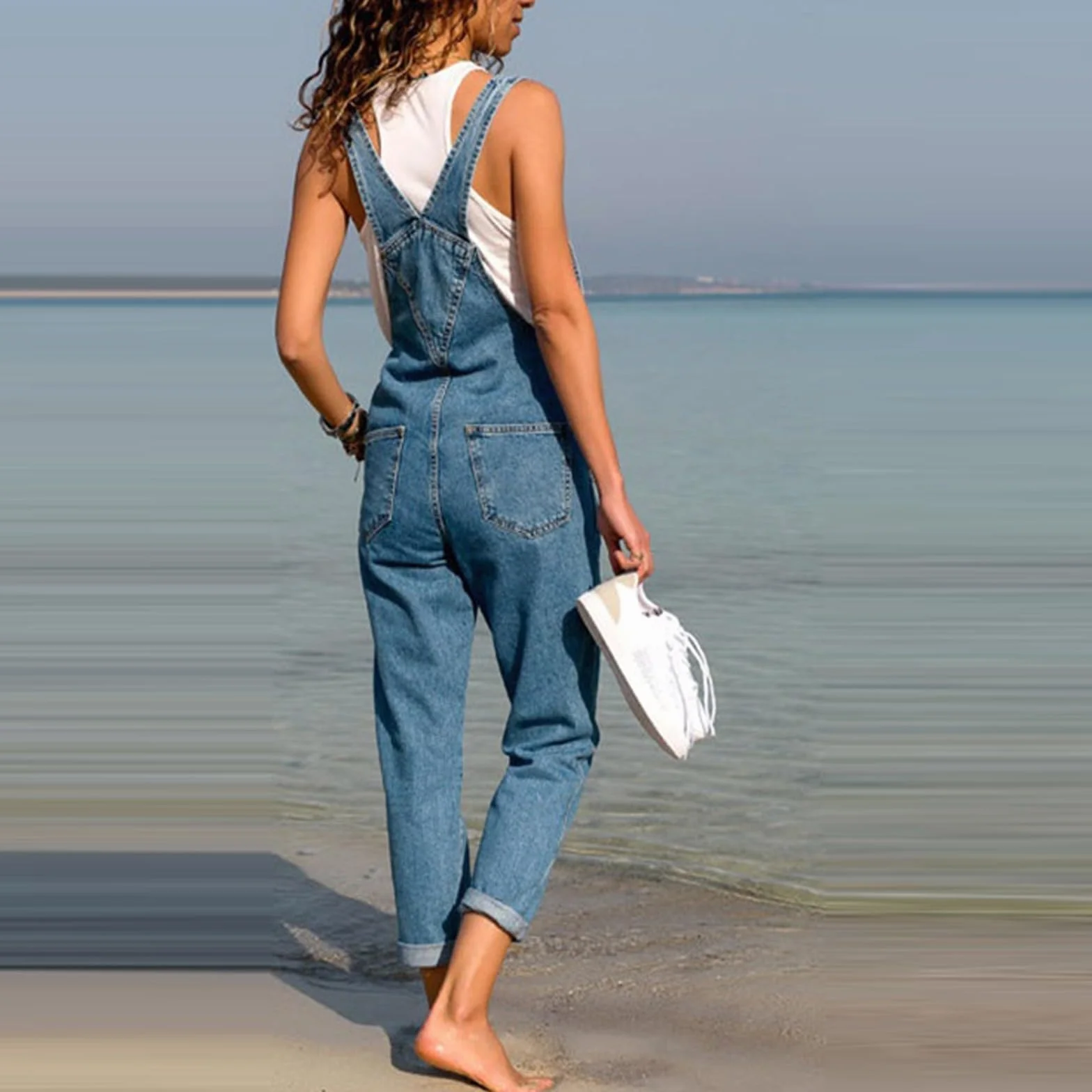 Generisch Dżinsy ogrodniczki dla kobiet, luźne, rozciągliwe, kombinezony, z kieszeniami, retro, denim, szerokie nogawki, spodnie na co dzień, proste i szerokie nogawki, dżinsy z regulowanymi
