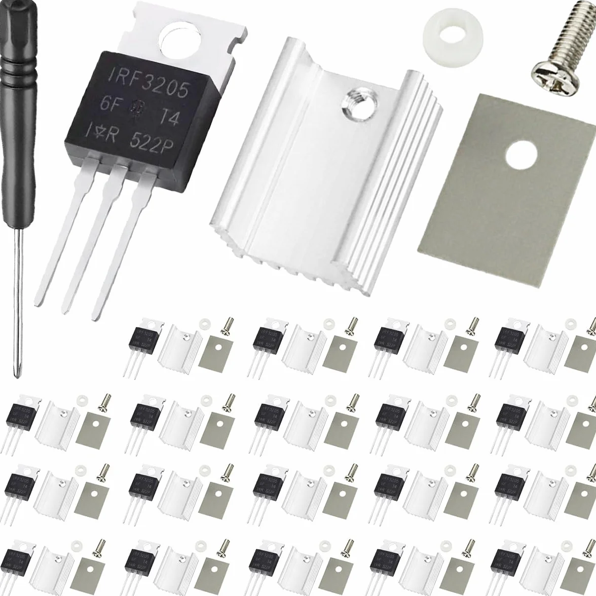 IRF3205 3205 Tranzystor Mosfet 55V 110A Tranzystor MOSFET TO-220 kanał mocy z aluminiowym radiatorem zestaw montażowy do wkrętarki do majsterkowania (20 sztuk)