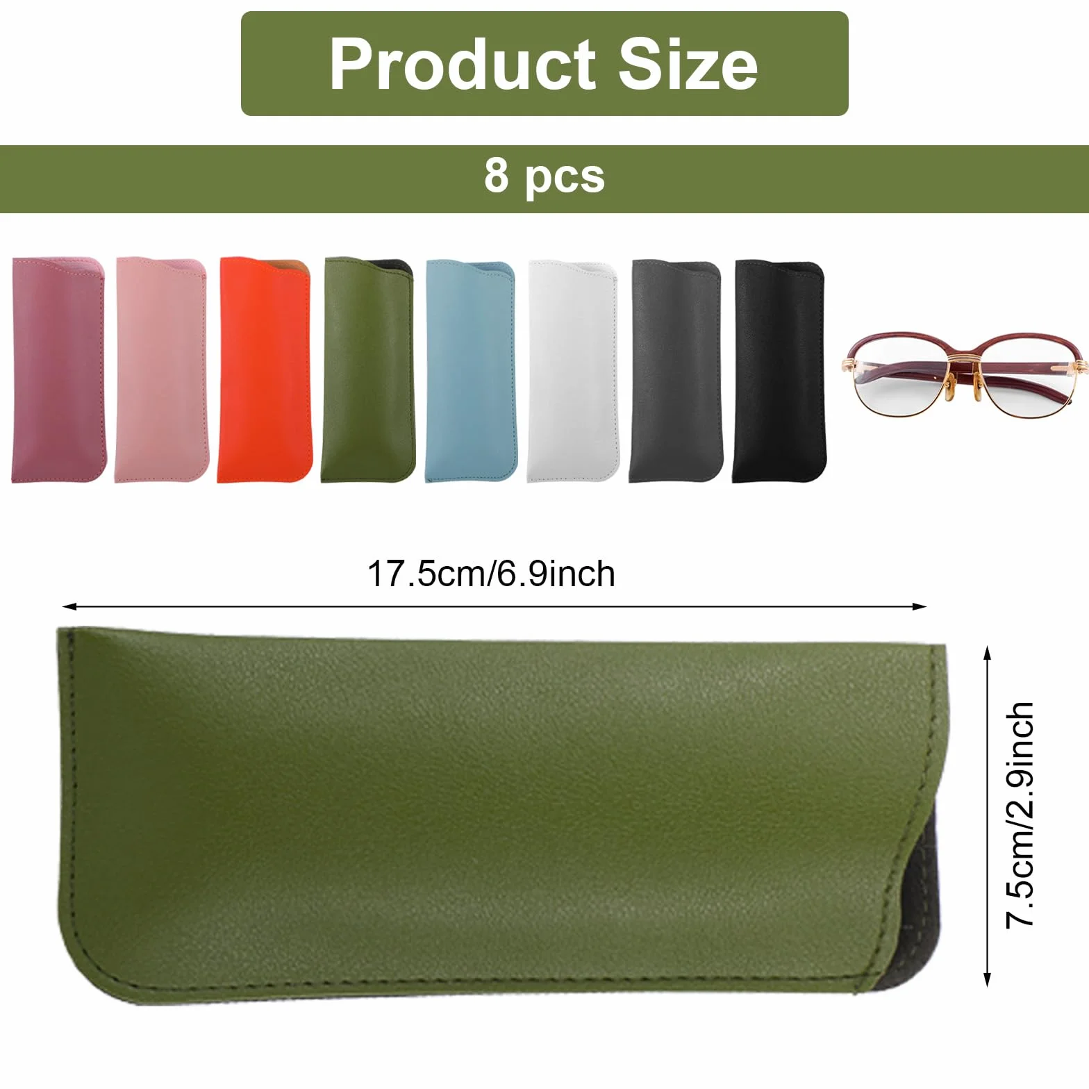 JJUNW 8 sztuk miękkich etui na okulary, ze skóry PU, przenośne etui na okulary, 17,8 x 7,6 cm, płaskie etui na okulary do czytania, dla mężczyzn i kobiet