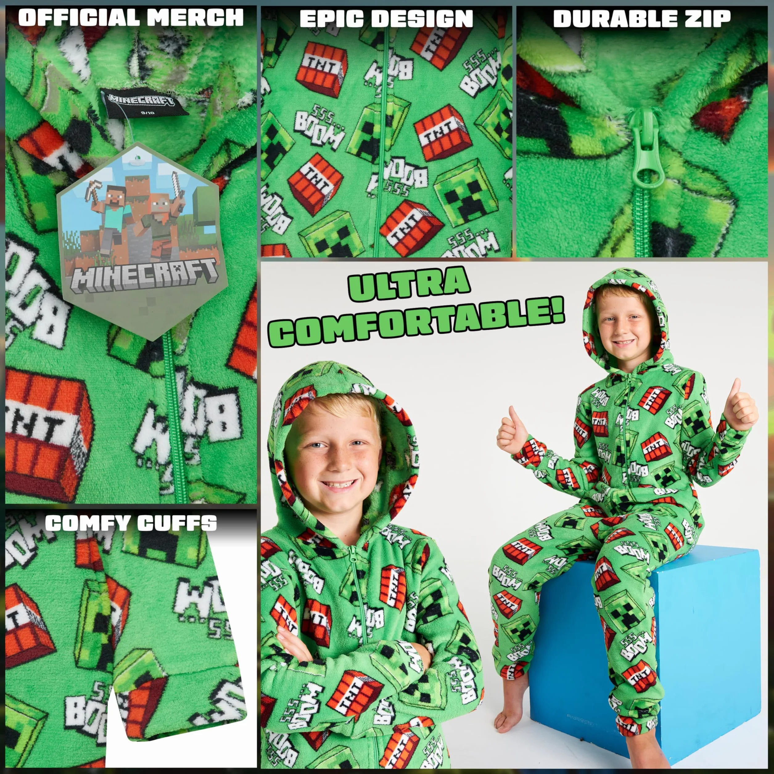 Minecraft Onesie, kombinezon dziecięcy, piżama dla chłopców, kombinezon do spania dla dzieci, ciepły kombinezon polarowy