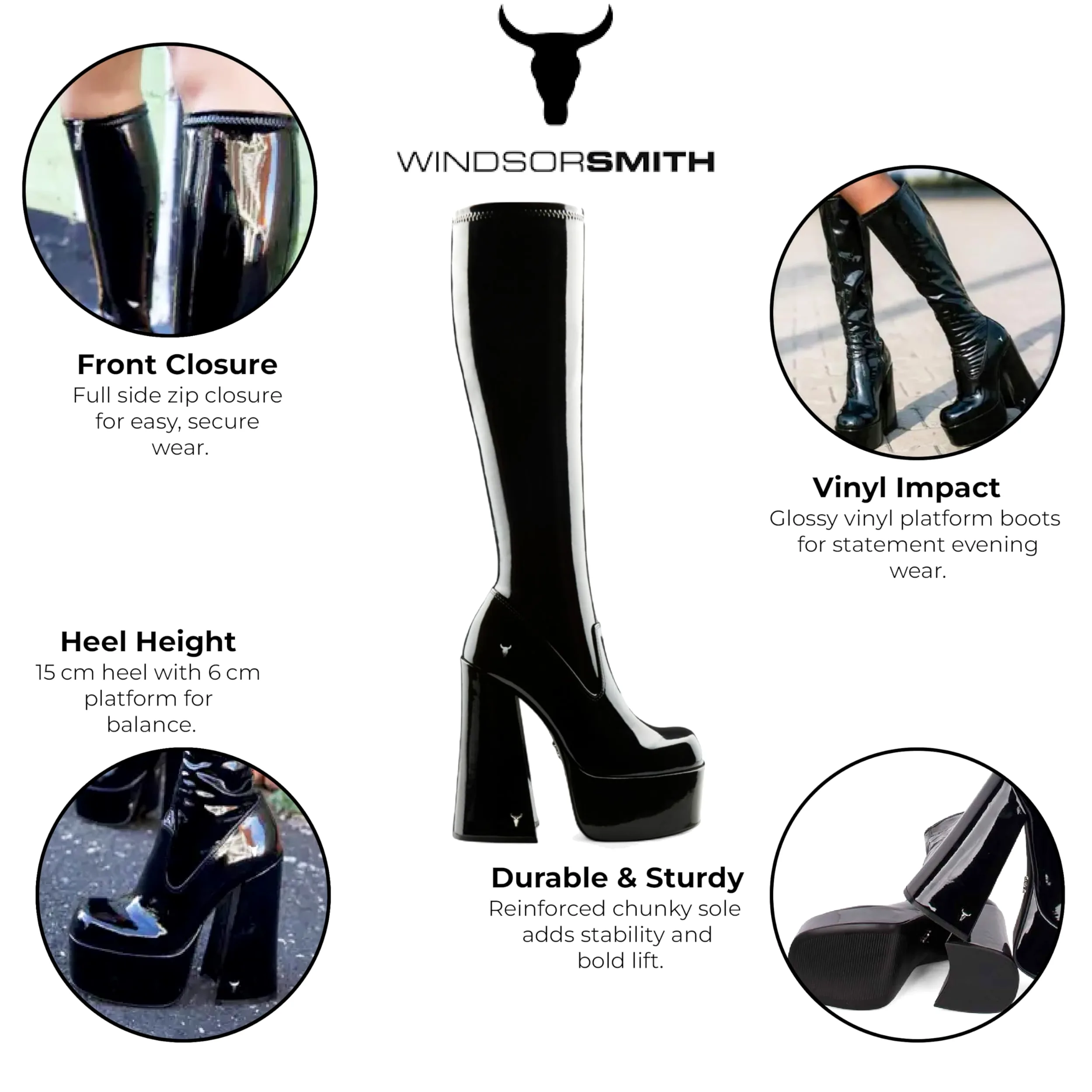Windsorsmith damskie czarne podkolanówki na platformie gotyckie buty na obcasie
