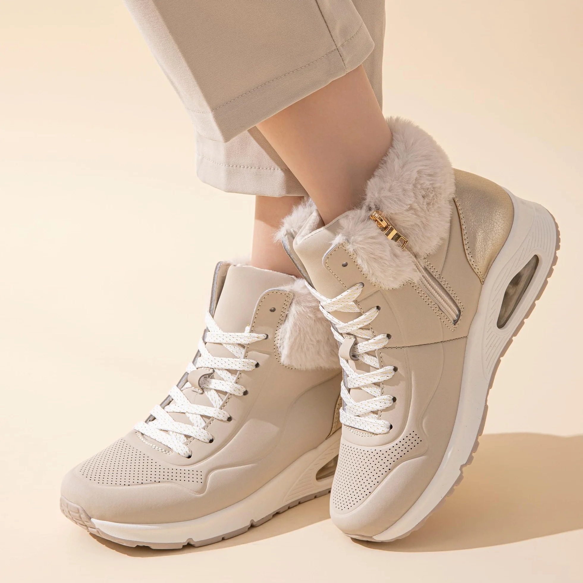 JOMIX Damskie zimowe botki z ciepłą podszewką, buty sneaker z futrzanym kołnierzem, koturn, antypoślizgowa podeszwa