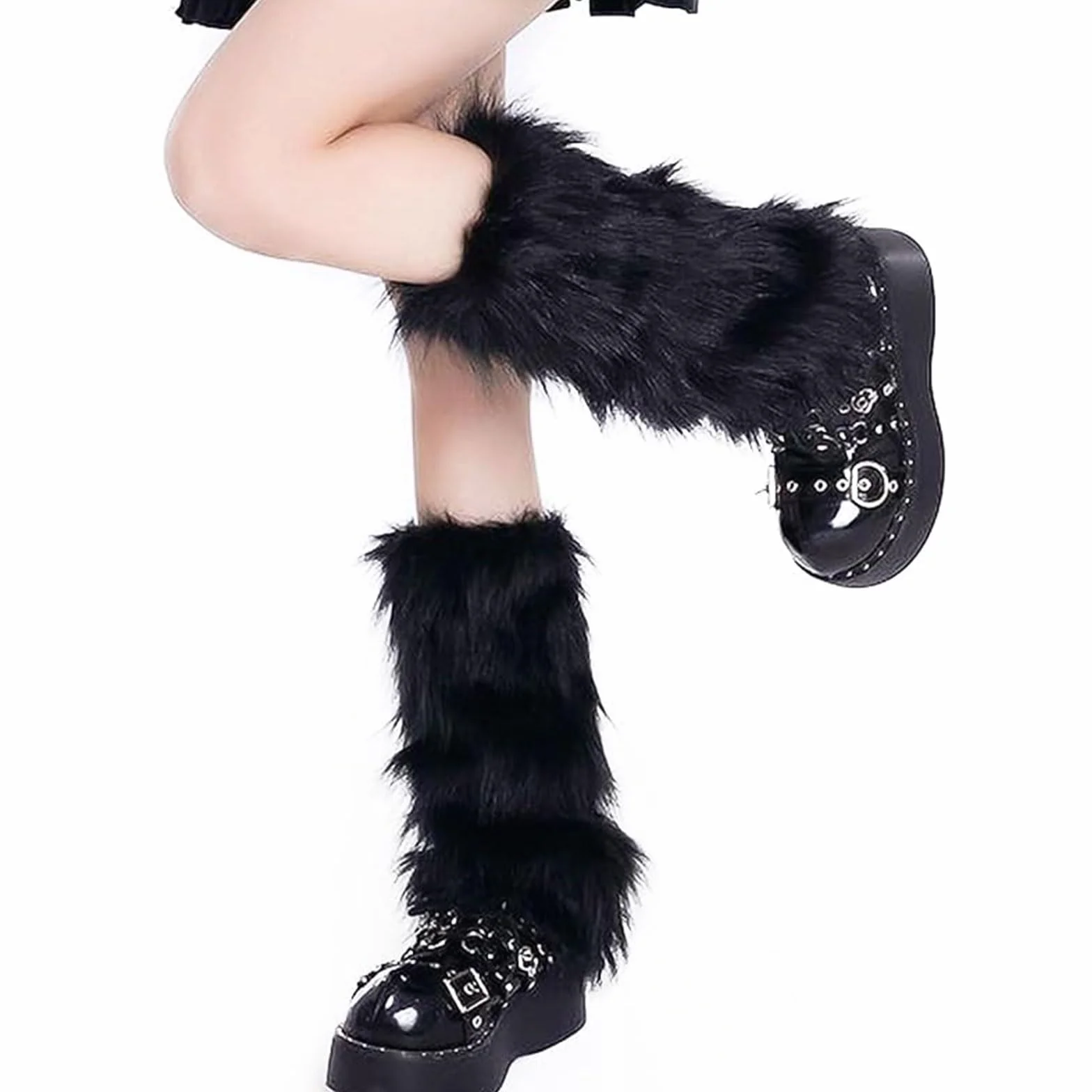 Ciepłe i puszyste legginsy, długie rękawy futrzane, ciepłe ochraniacze na buty dla kobiet i dziewcząt na imprezę z lat 80., festiwal, cosplay i na co dzień zimowy (czarne)