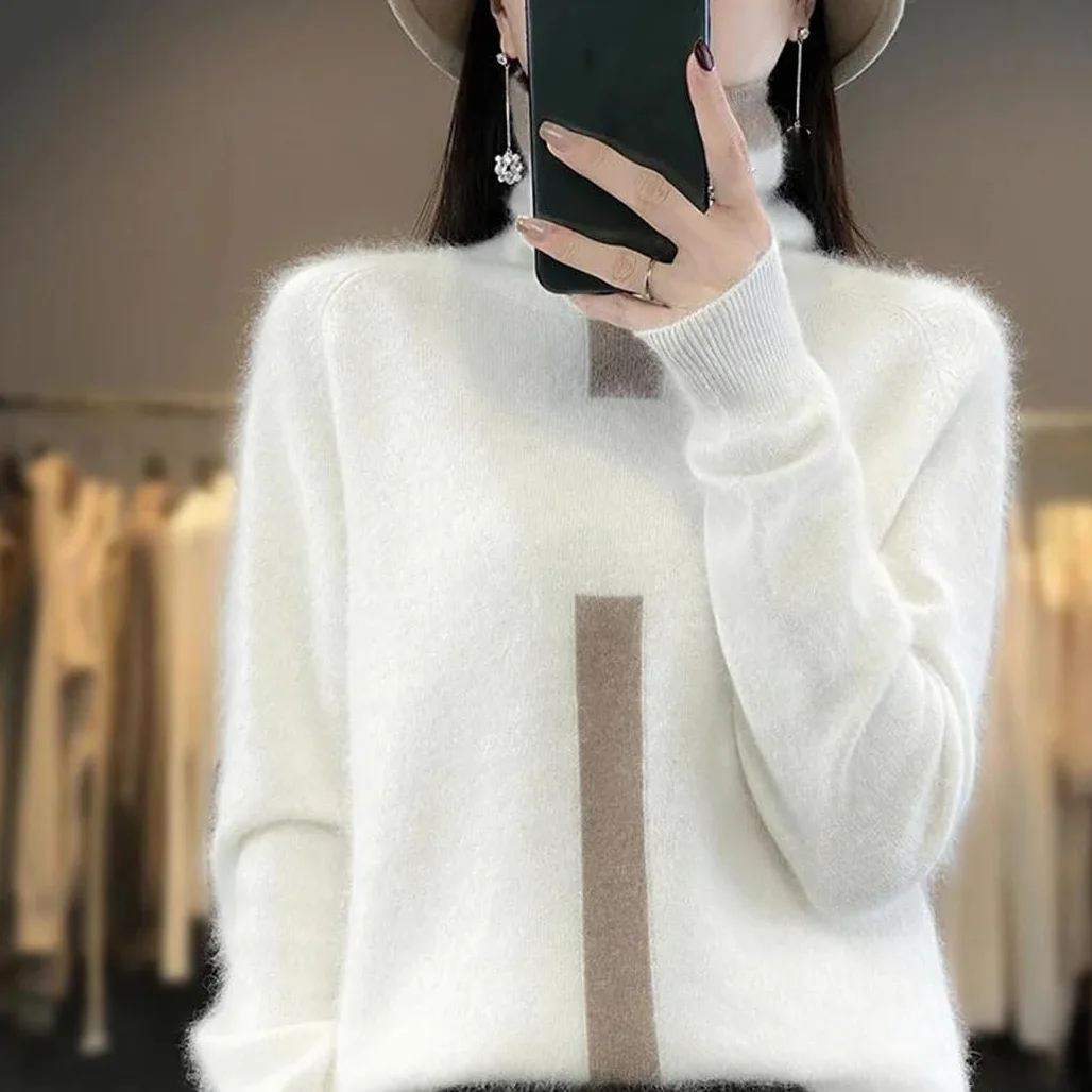 Sweter Damski Z Dzianiny Wełnianej, Golf, Długi Rękaw, Blok Kolorów, Swobodny, Jesienno-Zimowy, Ciepły-Beige-X-Large