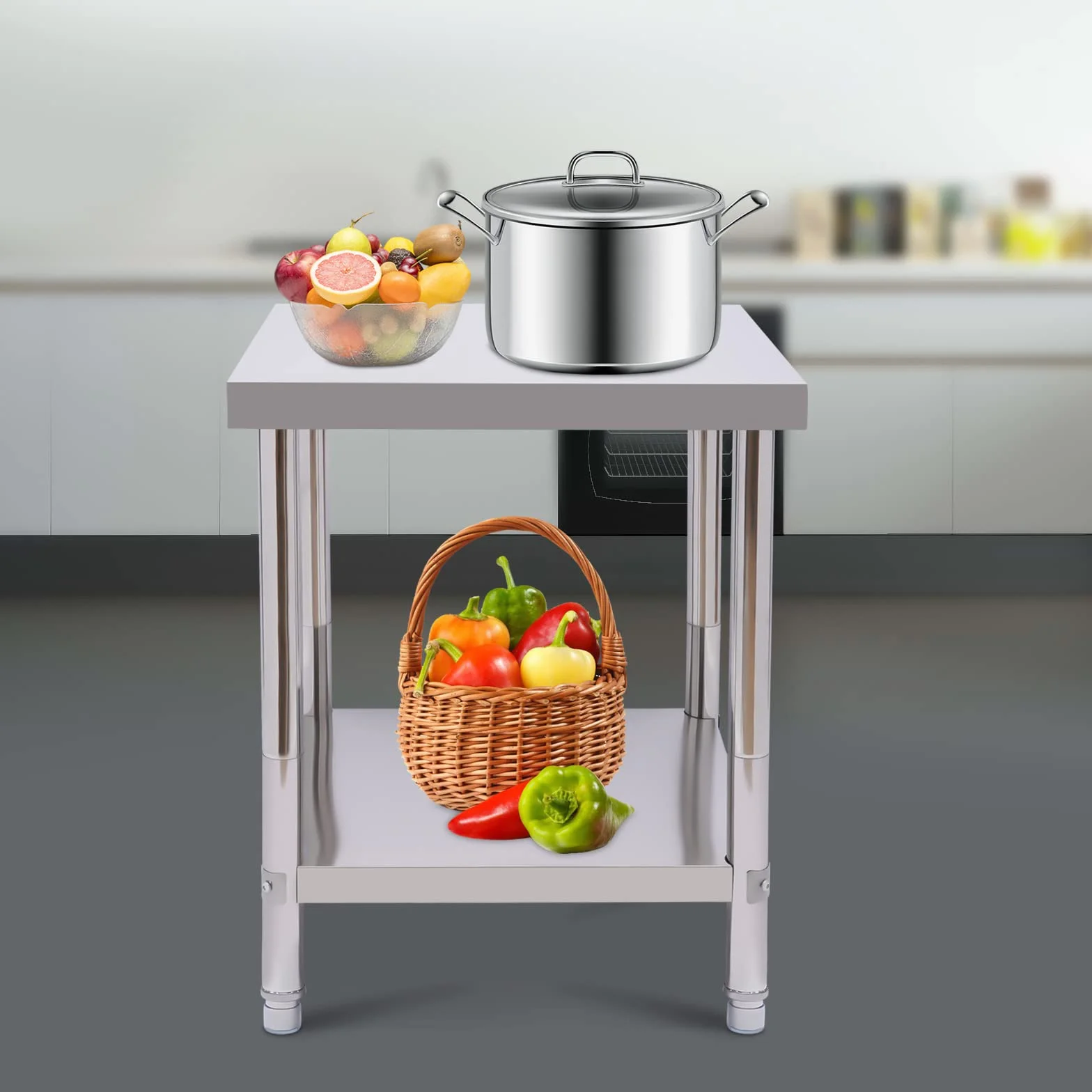 Stół ze stali nierdzewnej do kuchni, 60 x 45 x 80 cm, stół roboczy z regulowanymi nóżkami i rękawiczkami, stół kuchenny ze stali nierdzewnej, do 400 kg