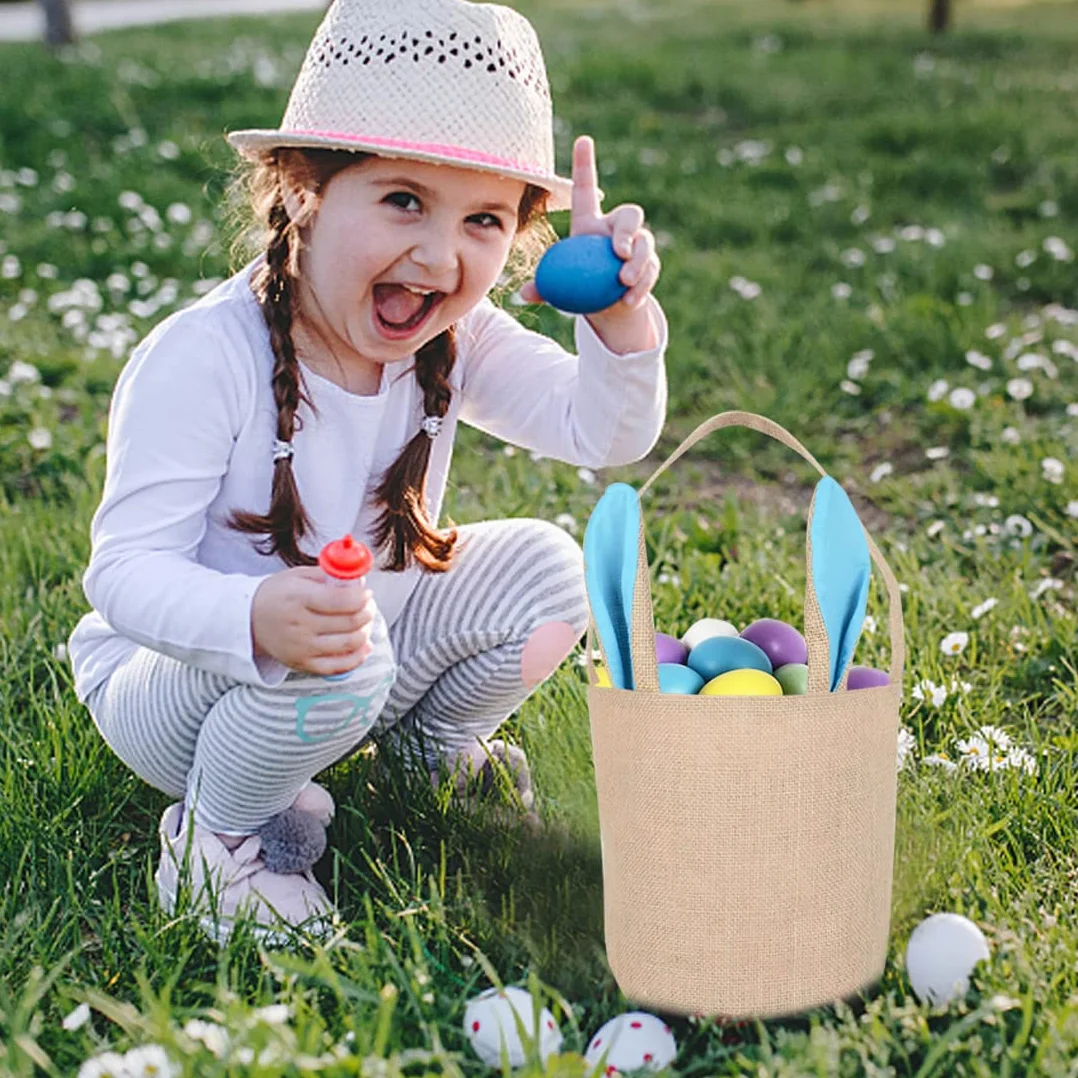 Wishstar Wielkanocny kosz z tkaniny, kosz z uszami królika, 2 kosze z uszami zajączka, torba jutowa, kosz na jajka wielkanocne, niebieski i różowy, do napełniania cukierków wielkanocnych