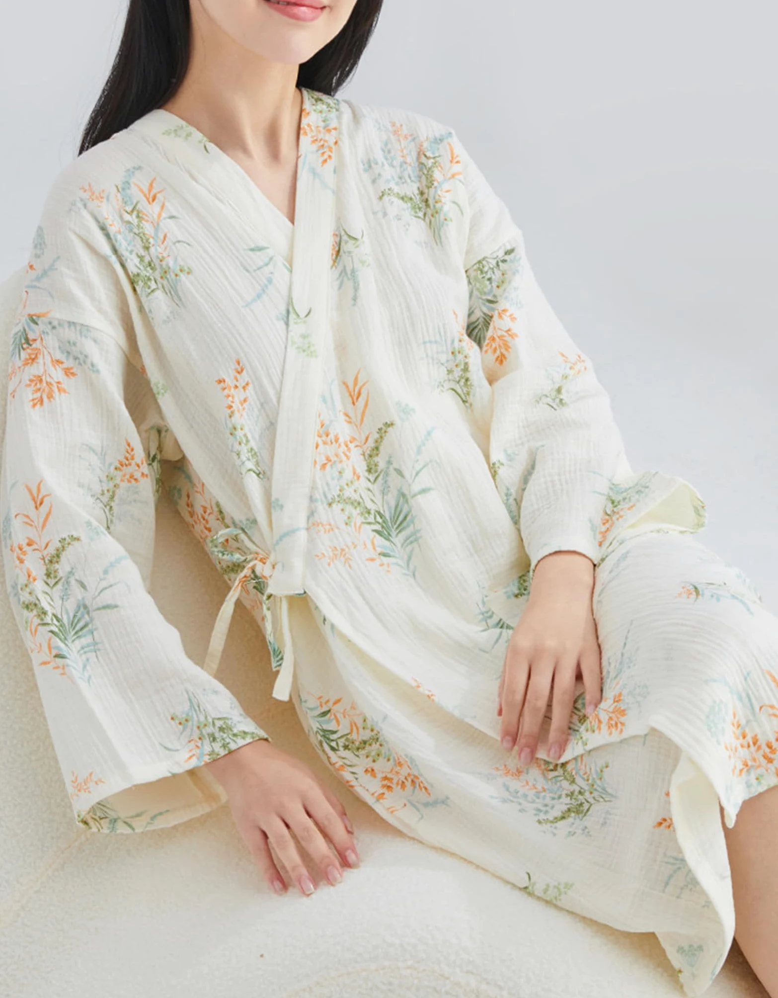 Damskie BawełNiane Szlafroki Gazowe Wygodne z Dekoltem w Serek z DłUgim RęKawem Letnie Lekkie Kimono Szlafroki Do Spa
