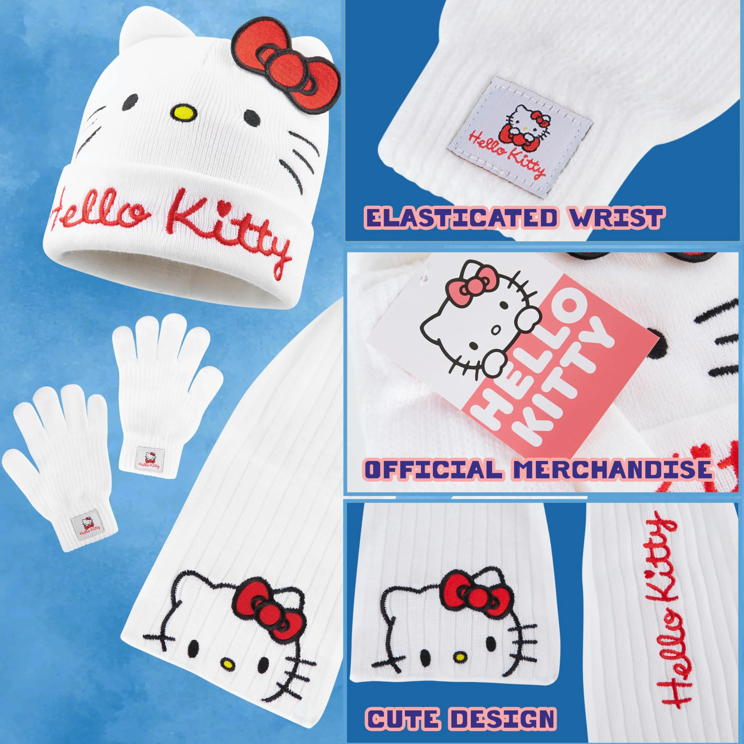 Hello Kitty Zimowy zestaw akcesoriów dla dziewcząt, nastolatków, przytulny 3-częściowy zestaw szalików i rękawiczek – prezenty dla dziewcząt, biały/różowy, Rozmiar uniwersalny