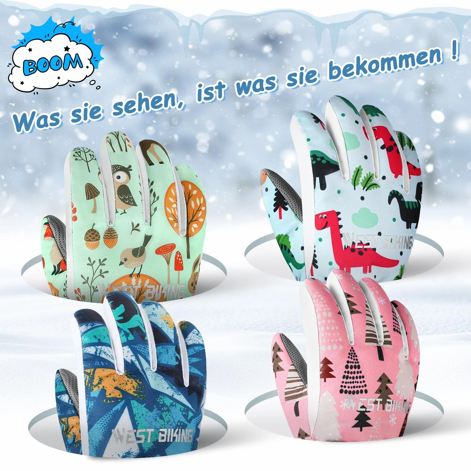 Dziecięce rękawiczki zimowe, wiatroszczelne, ciepłe rękawice narciarskie, thermofleece, wodoodporne, śniegowe, kreskówkowe rękawice dziecięce, do użytku na zewnątrz, snowboardingu, jazdy na rowerze