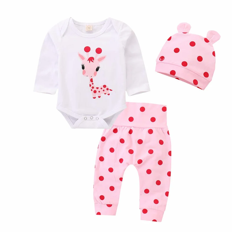cute newborn baby girl ubrania żyrafa top + pudrowe spodnie w kropki + kapelusz zestaw odzieży dziennej
