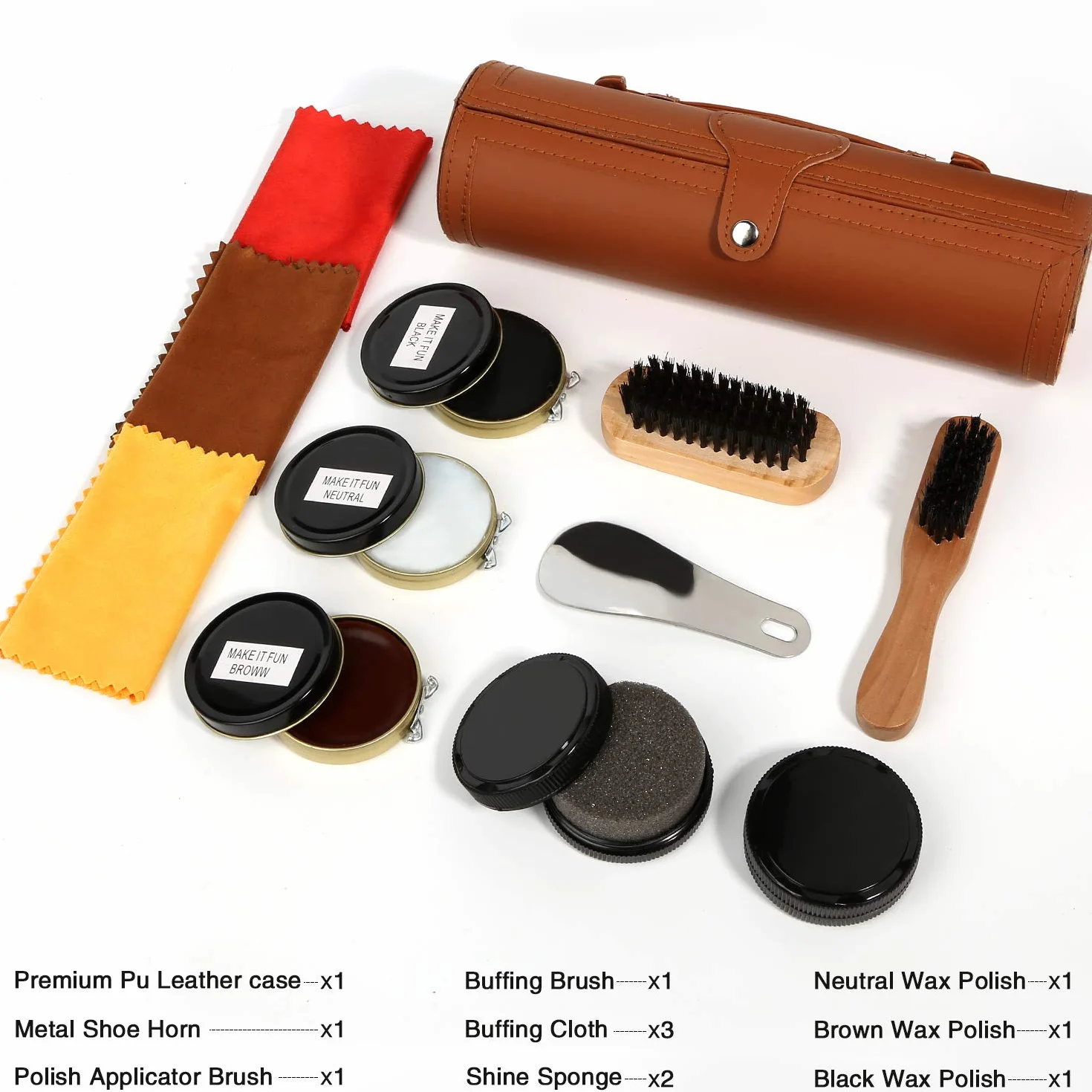 Zestaw szczotek do butów z połyskiem, ekoskóra, eleganckie etui, 12-częściowy