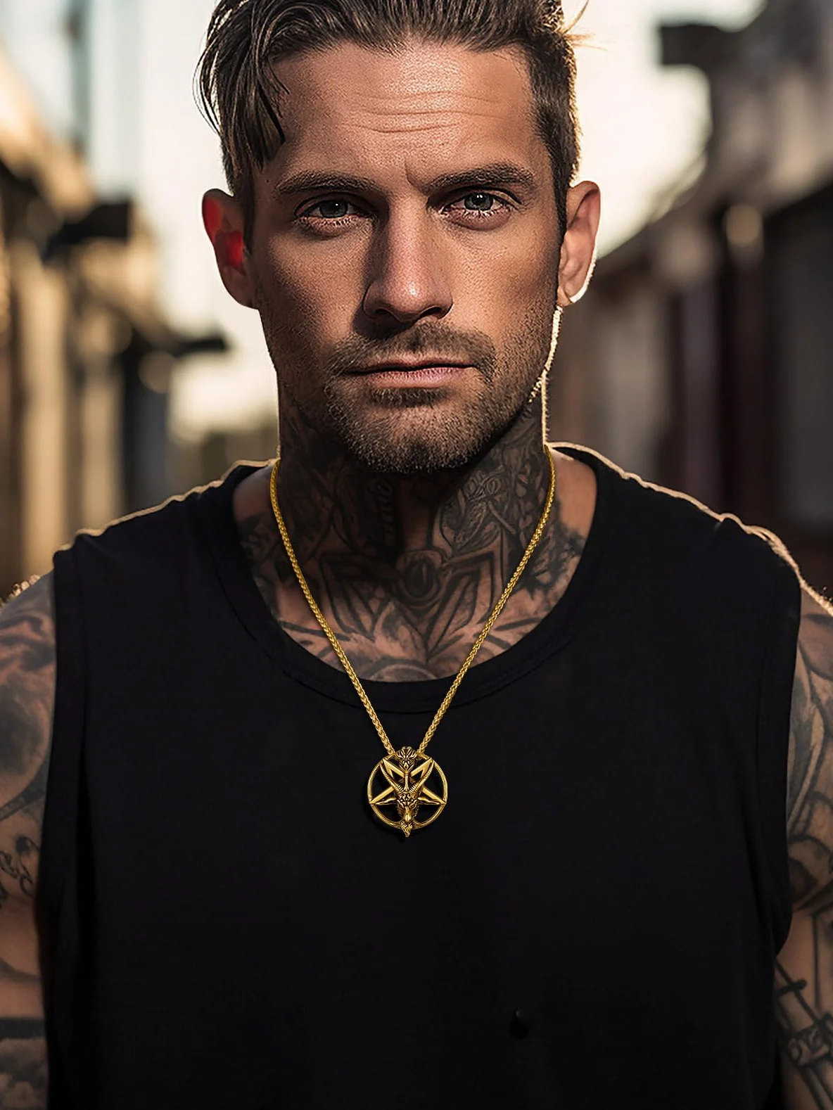 FaithHeart Męski wisiorek w stylu punkowym, szatan, głowa kozy, wisiorek w kształcie pentagramu, z symbolem runy, punk, gotyk, na Boże Narodzenie, Dzień Ojca, Walentynki