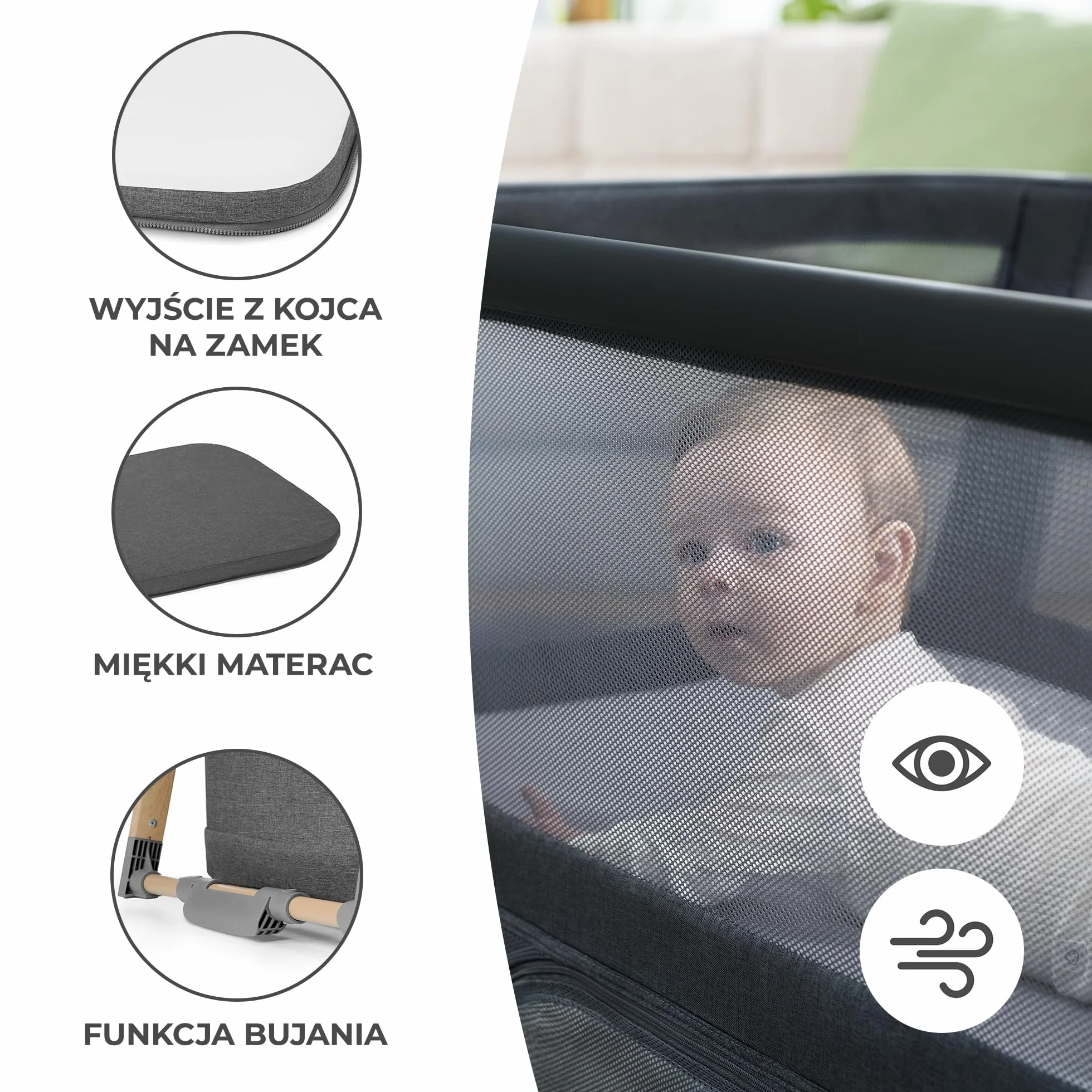 Kinderkraft Łóżeczko turystyczne 4w1 SOFI, Łóżko dziecięce, Kojec, Kołyska, Funkcja bujania, Szybkie składanie i rozkładanie, Dwa poziomy, Bezpieczny dla dziecka, Materac i Torba do transportu