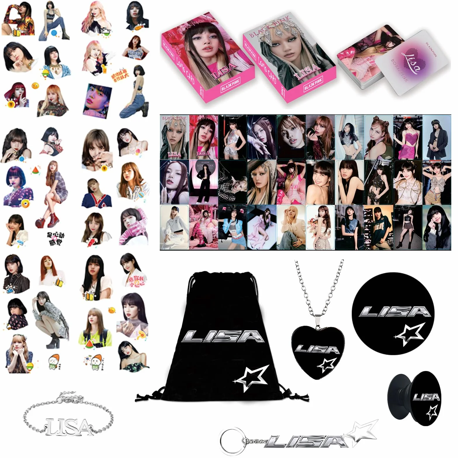 Akcesoria Blackpink Lisa, zestaw upominkowy Lalisa, zestaw upominkowy dla fanów Blackpink, osobisty towar Lisa Rockstar, pudełko upominkowe, papier fotograficzny, torba ze smyczą, naklejki na klucze