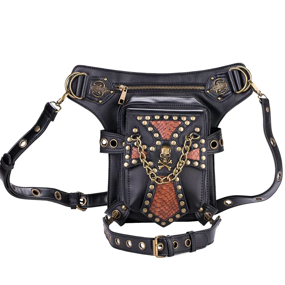 Steampunk vintage skóra PU nerka na talię plecak turystyczny śmieszny plecak mała torebka wielofunkcyjna taktyczna kropla nogi ramię torba na ramię z paskiem biodrowym czarna