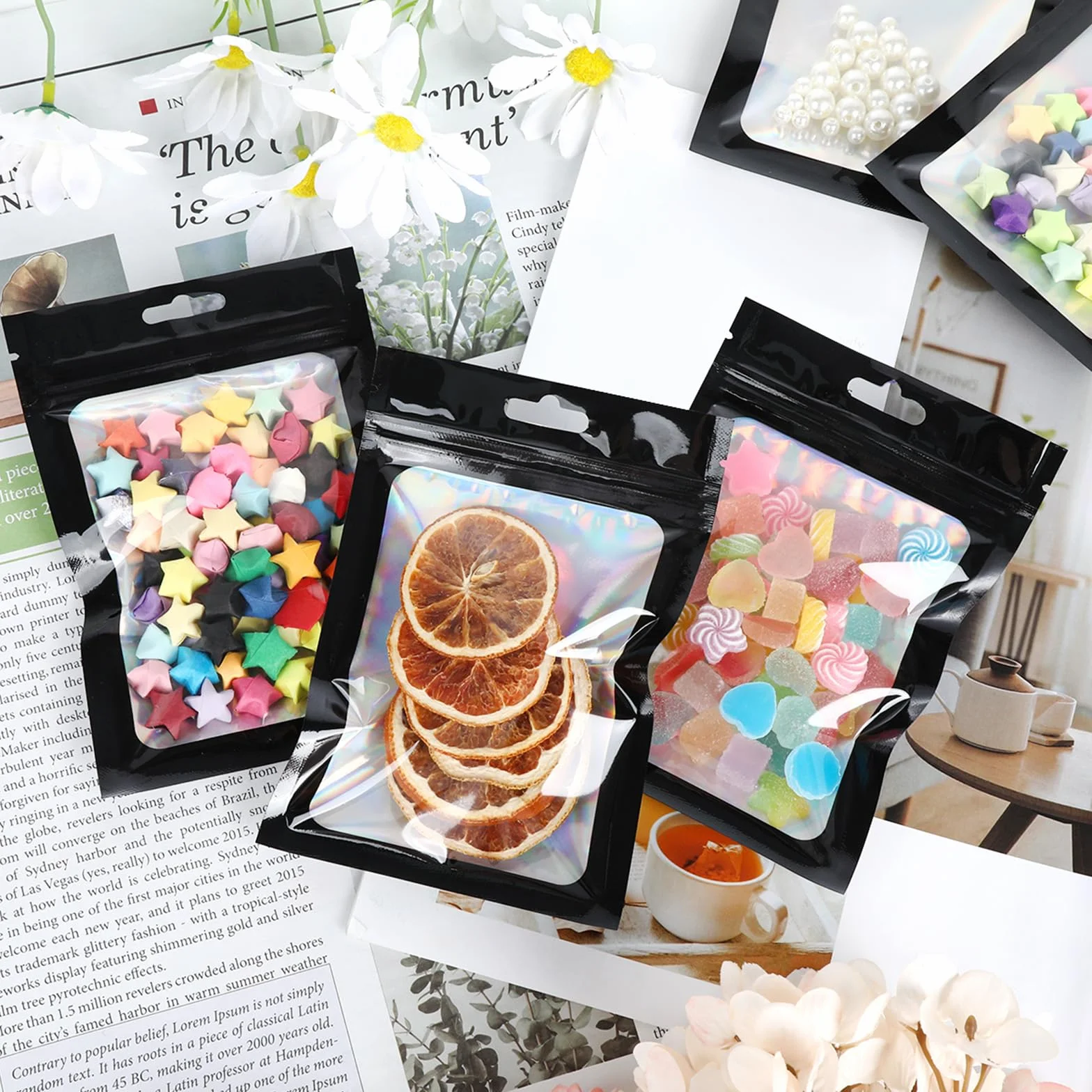 Mylar Bags, 150 sztuk, torebki strunowe, małe, 10 x 15 cm, torebki z zamknięciem, woreczki wielokrotnego zamykania z przezroczystym okienkiem na słodycze, biżuterię, kosmetyki (czarne)