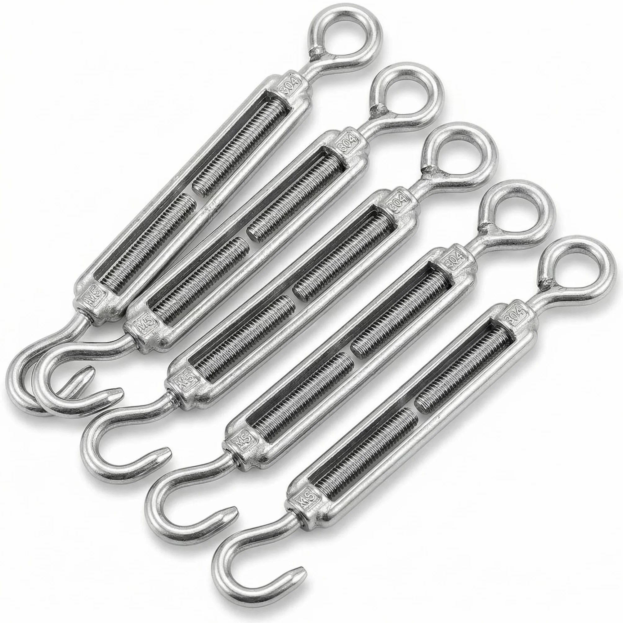 QWORK® 5 szt. Śruba rzymska M5 304 Stal nierdzewna, Regulowany hak i napinacz drutu oczkowego, Hak napinający