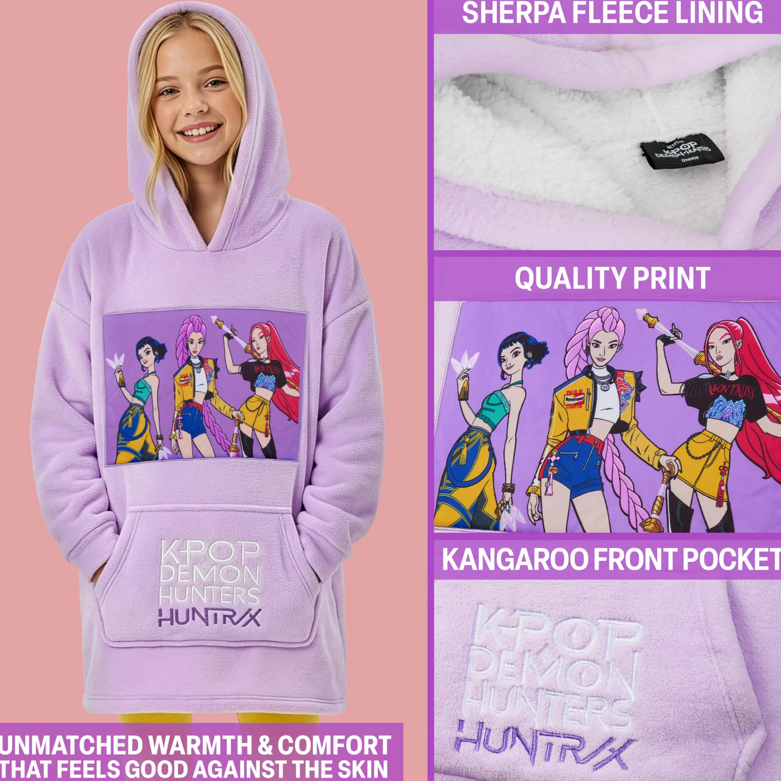 KPop Demon Hunters Oficjalna bluza z kapturem, miękkie ponczo Sherpa z kieszenią typu kangur, Rumi Mira Zoey Merch, prezent dla dzieci