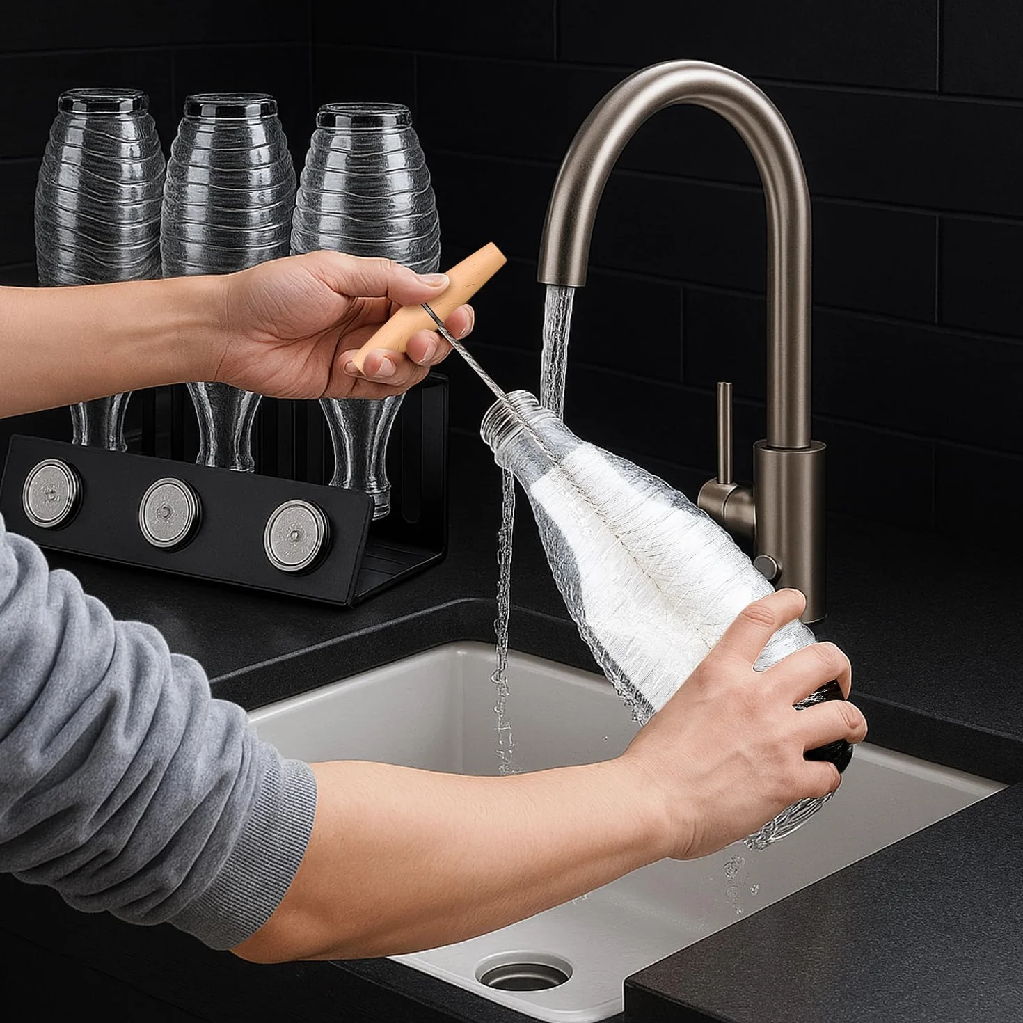 Szczotka do Butelek SodaStream 32 cm – Zestaw 2 (Gąbka + Nylonowe Włosie), Usuwa Osad I Tłuszcz, do Butelek Gazowanych