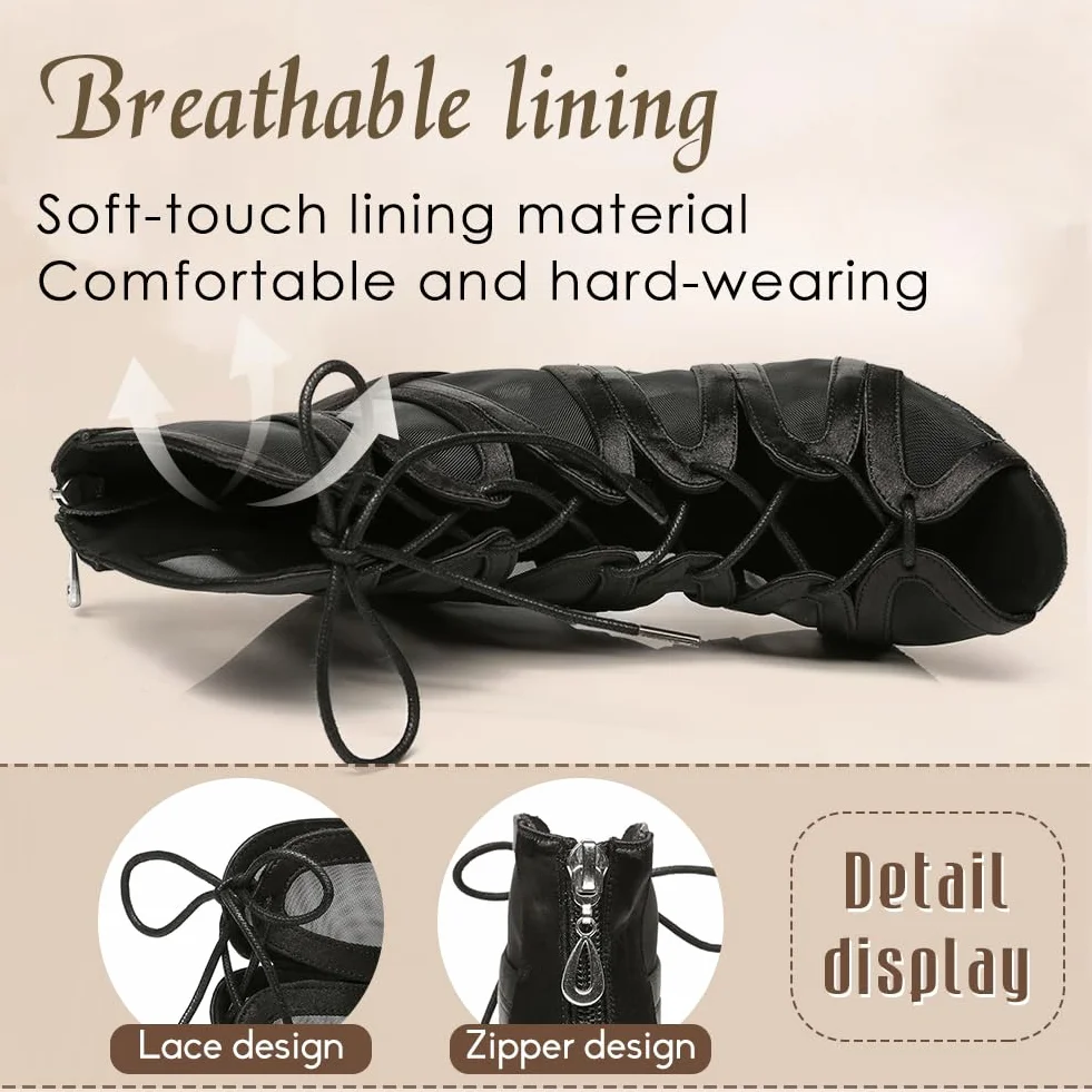 Latein Tanzschuhe Damen Hoher Absatz Salsa Ballsaal Satin Tanz Sandalen Czarny Offene Zehen Latein Tanzstiefel mit 8,5cm Absatz Wildledersohle