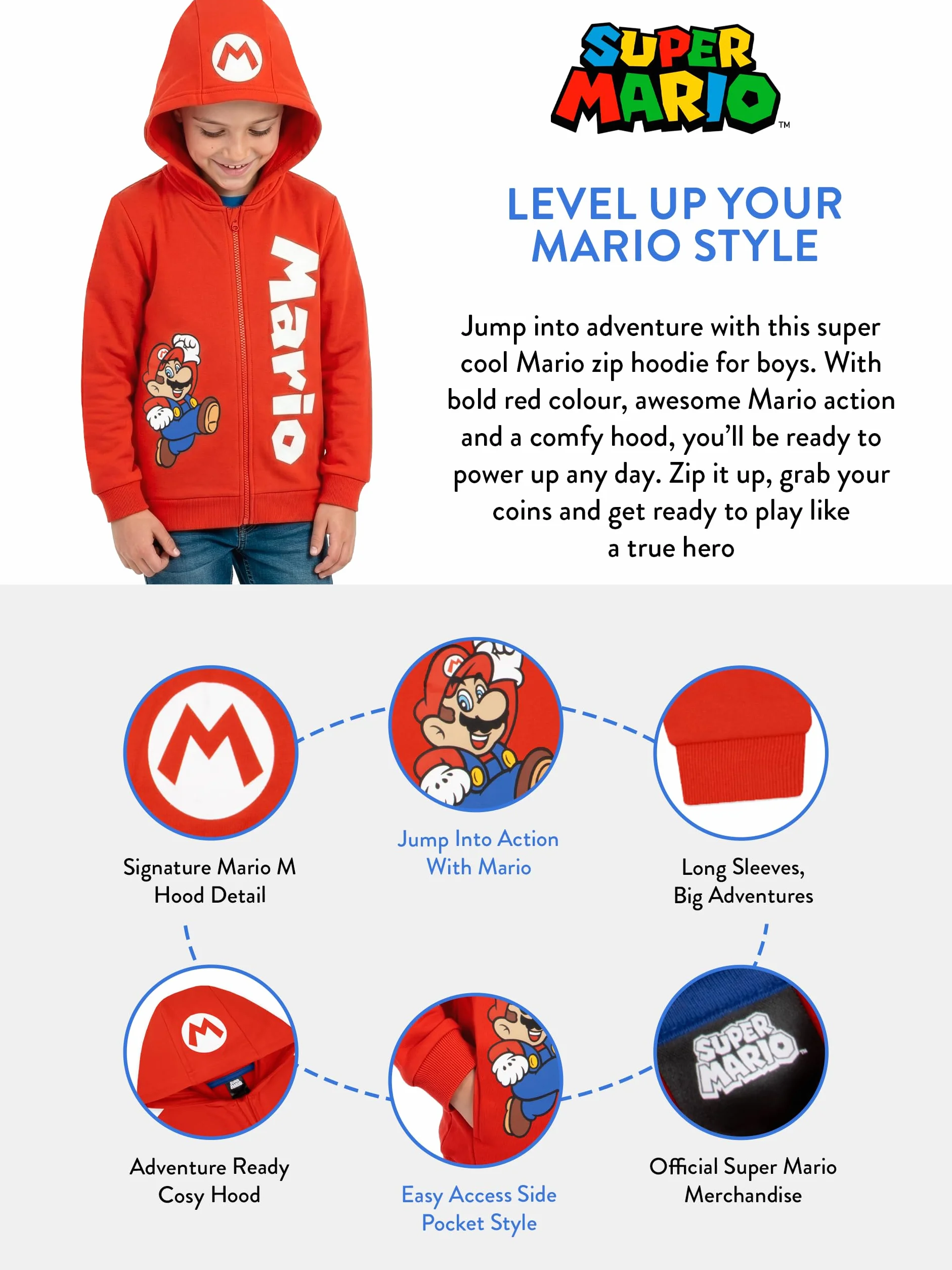 Bluza Z Kapturem Super Mario Dla Chłopców, Czerwona Bluza Mario Dla Dzieci, Dziecięca Rozpinana Z Zamkiem