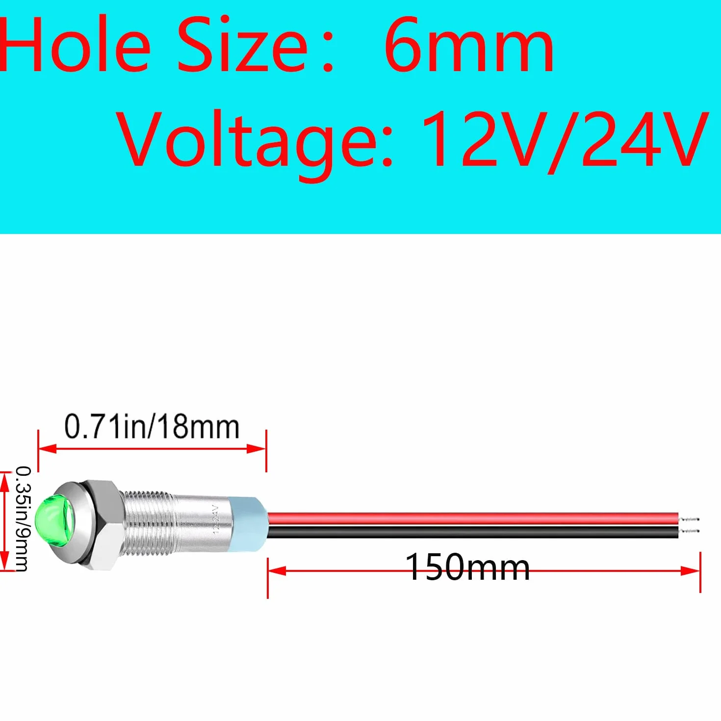 RUNCCI-YUN 10 szt. 12-24 v 6 mm 1/4" DC metalowy wskaźnik LED, zielony panel wskaźnika LED, oświetlenie 12 V, do vana, łodzi i innych pojazdów uniwersalnych