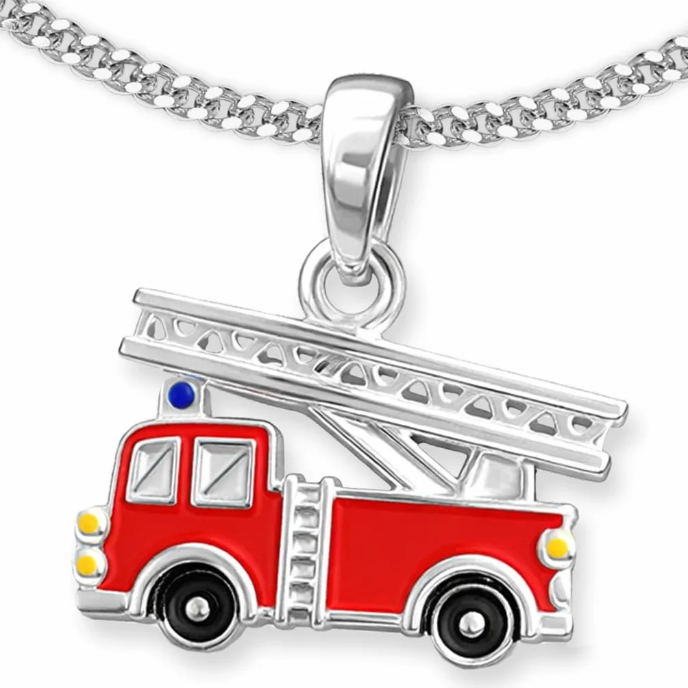 Clever Schmuck Zestaw srebrnych zawieszek chłopięcy mały samochód strażacki 12 x 9 mm czerwony czarny żółty lakierowany z łańcuszkiem pancerka 38 cm srebro wysokiej próby 925 dla małych dzieci