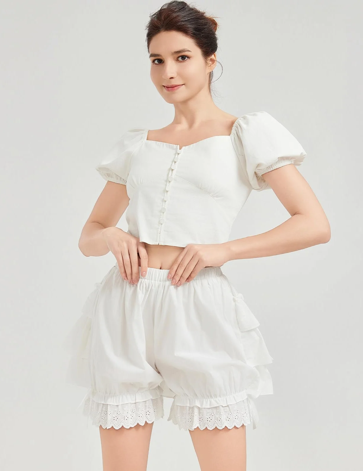 BEAUTELICATE Damskie szorty Bloomer 100% bawełna retro czółenka z falbankami spodnie piżamowe majtki Pumpkin Pantaloons Pettipants falbanki białe