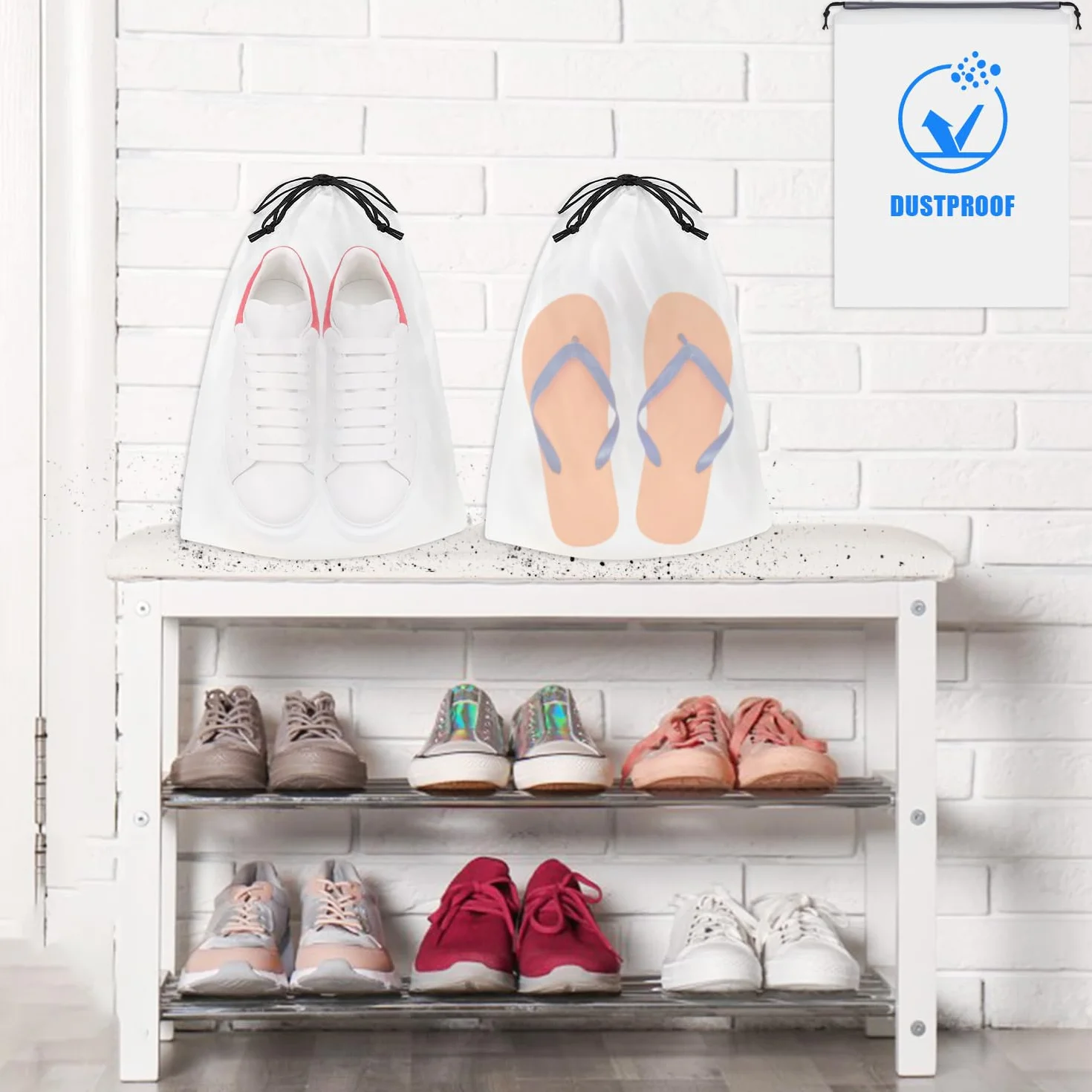 Worki na buty, 24 sztuki, odporne na działanie wody, pyłoszczelne, ze ściągaczem, torba na buty, podróżne, do przechowywania butów, wysokich obcasów (40 x 30 cm, białe), przezroczysty, torba na
