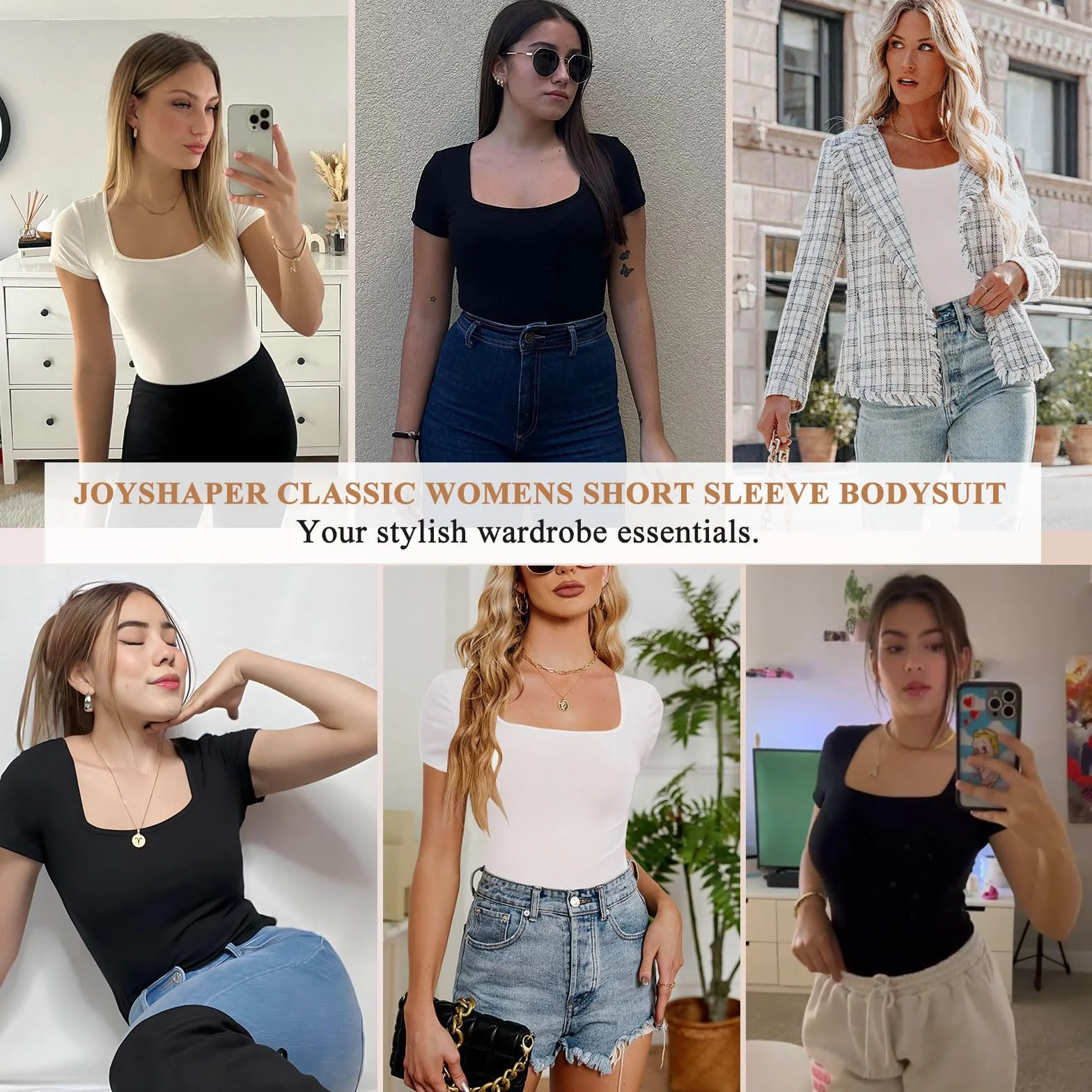 Joyshaper Body damskie body z krótkim rękawem, prostokątny dekolt, stringbody eleganckie, damskie body na lato, top