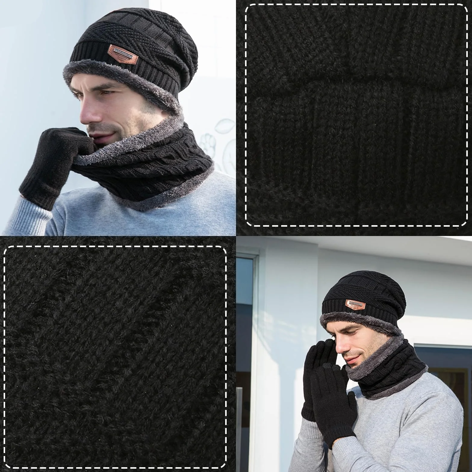 Czapka zimowa szalik rękawiczki 3 w 1 zestaw, dzianinowa czapka beanie, okrągły szalik, antypoślizgowa rękawica do ekranu dotykowego